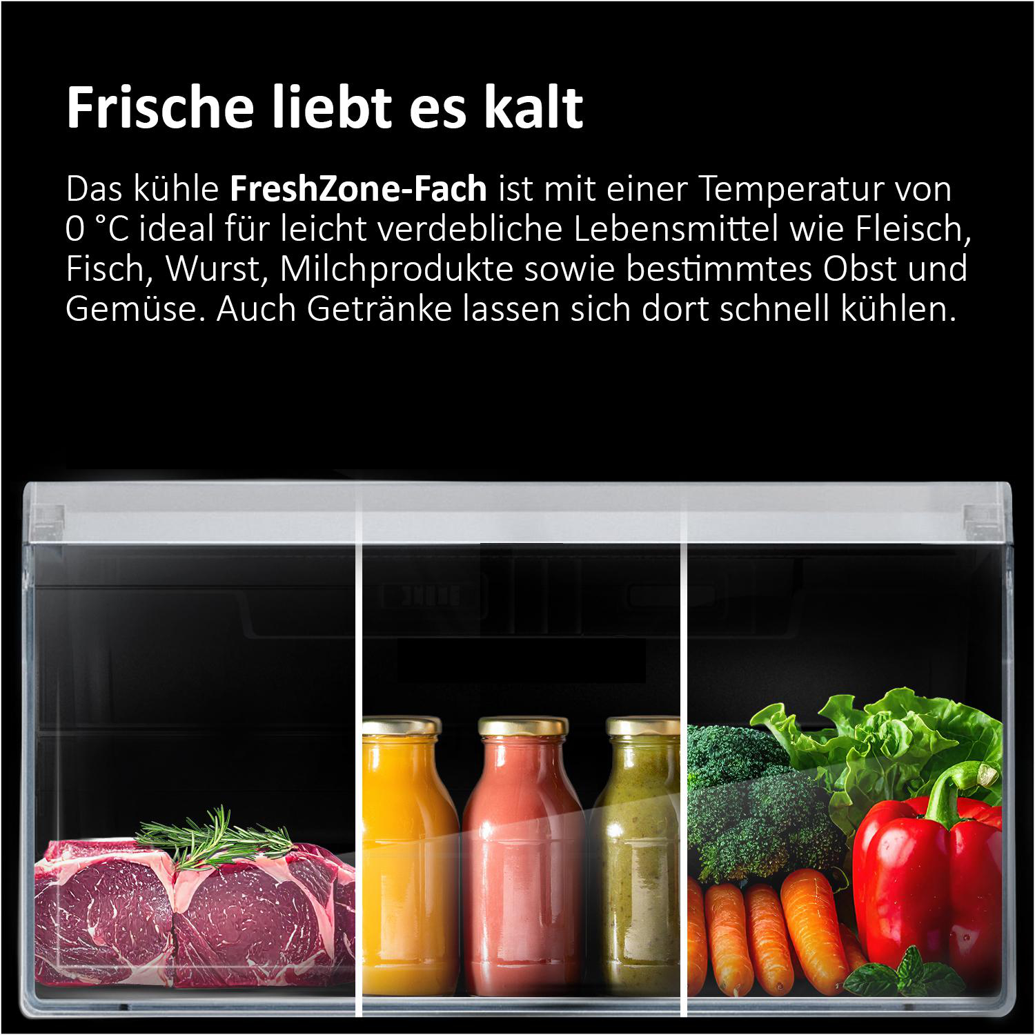 Rohfleisch, Säfte und Gemüse in Kühlschrankfächern.