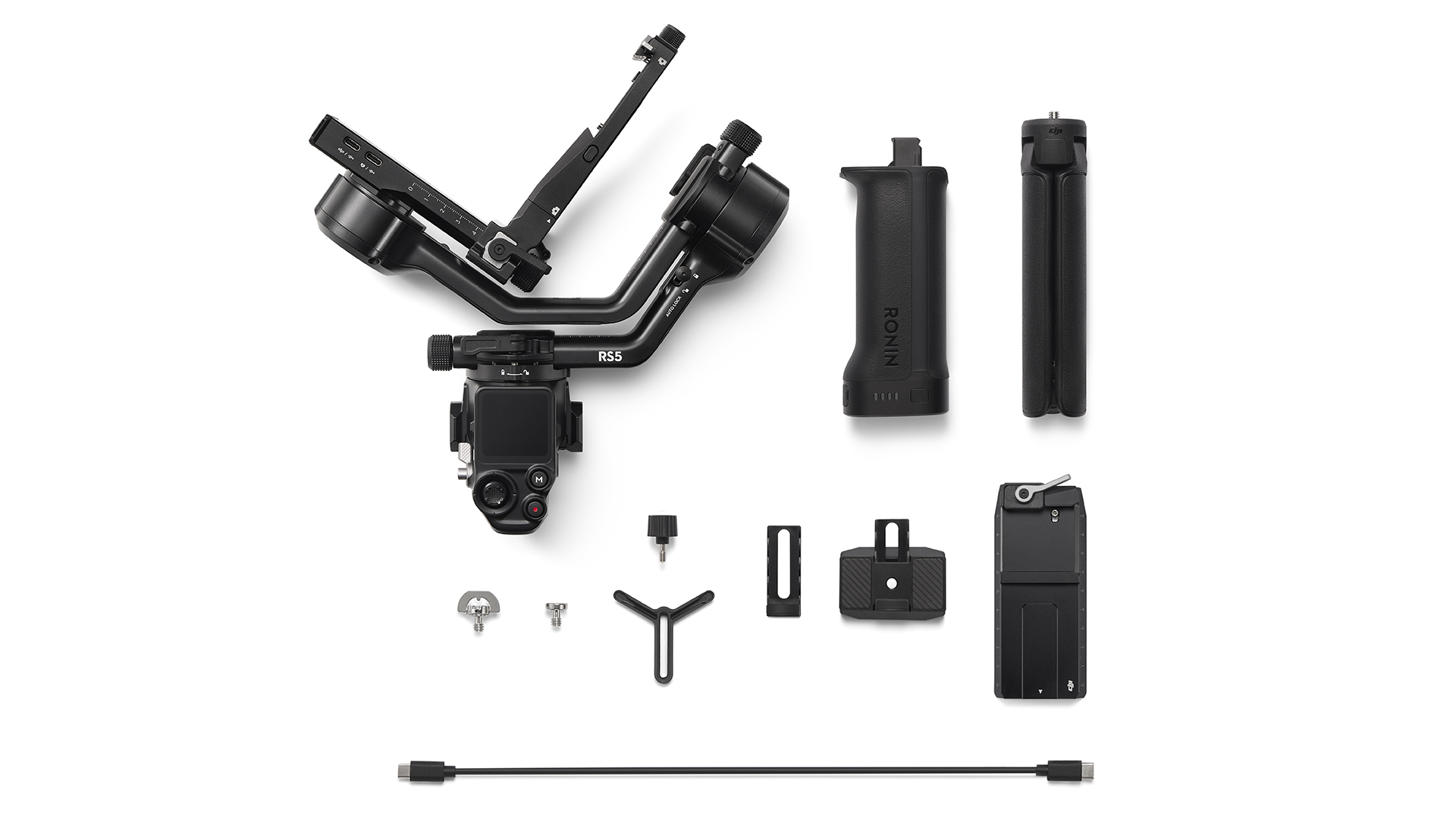 Siyah bir kamera gimbalı ve tutamaklar, tripod ve kablolar dahil aksesuarlar.