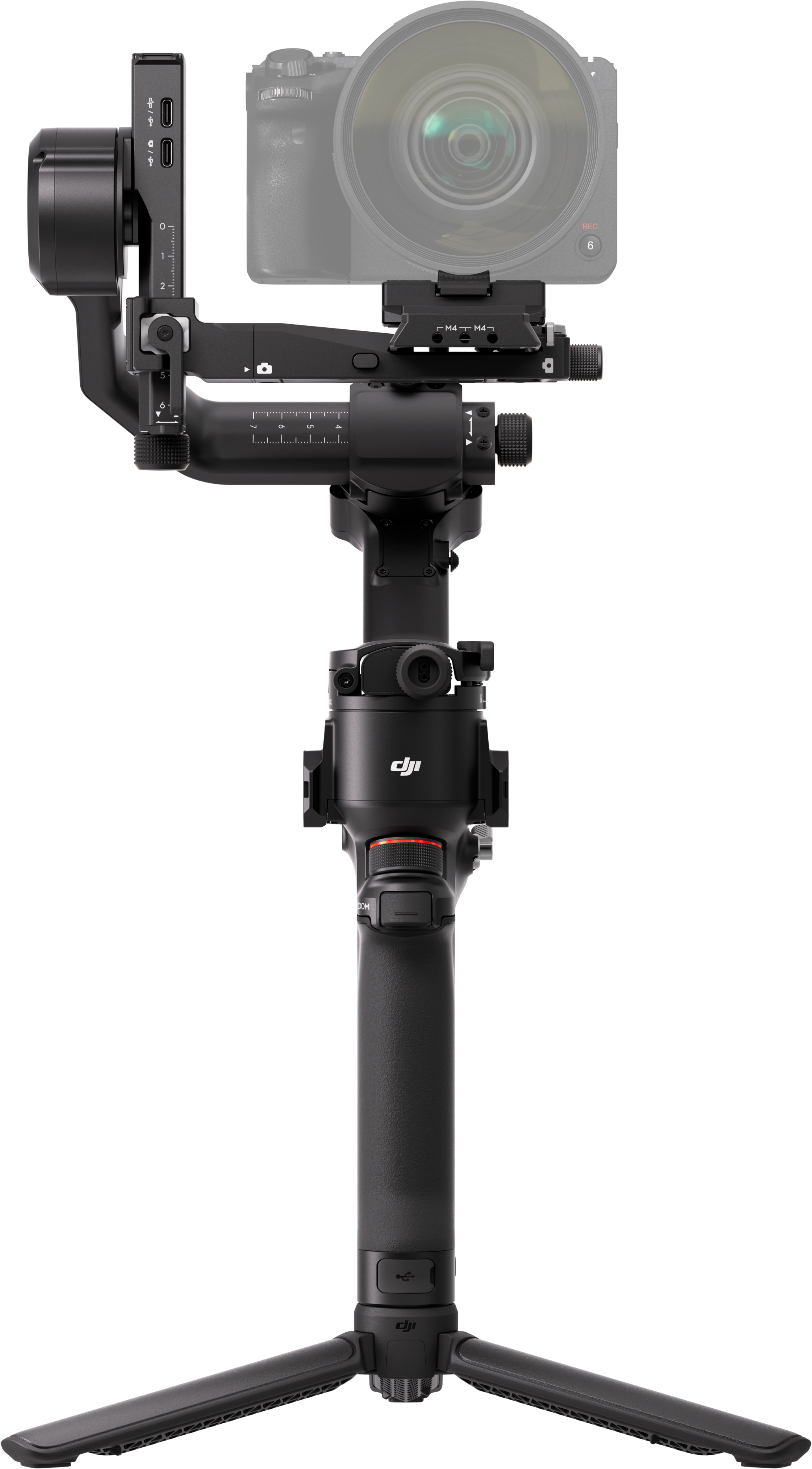 Siyah kamera gimbal dengeleyicisi, kamera ve tripod ile.