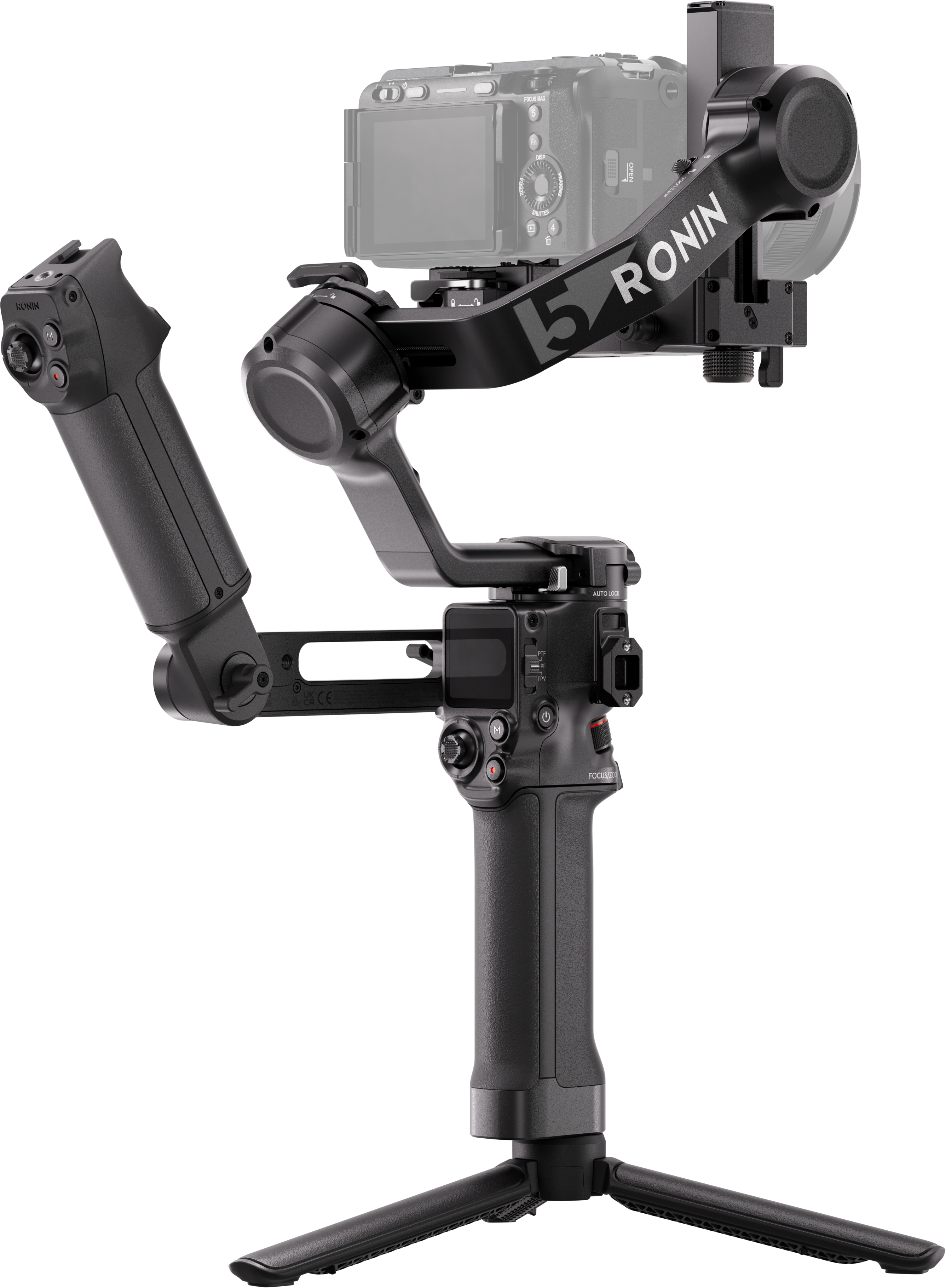 Siyah bir DJI Ronin 15 gimbal, üzerinde kamera ve tripod.