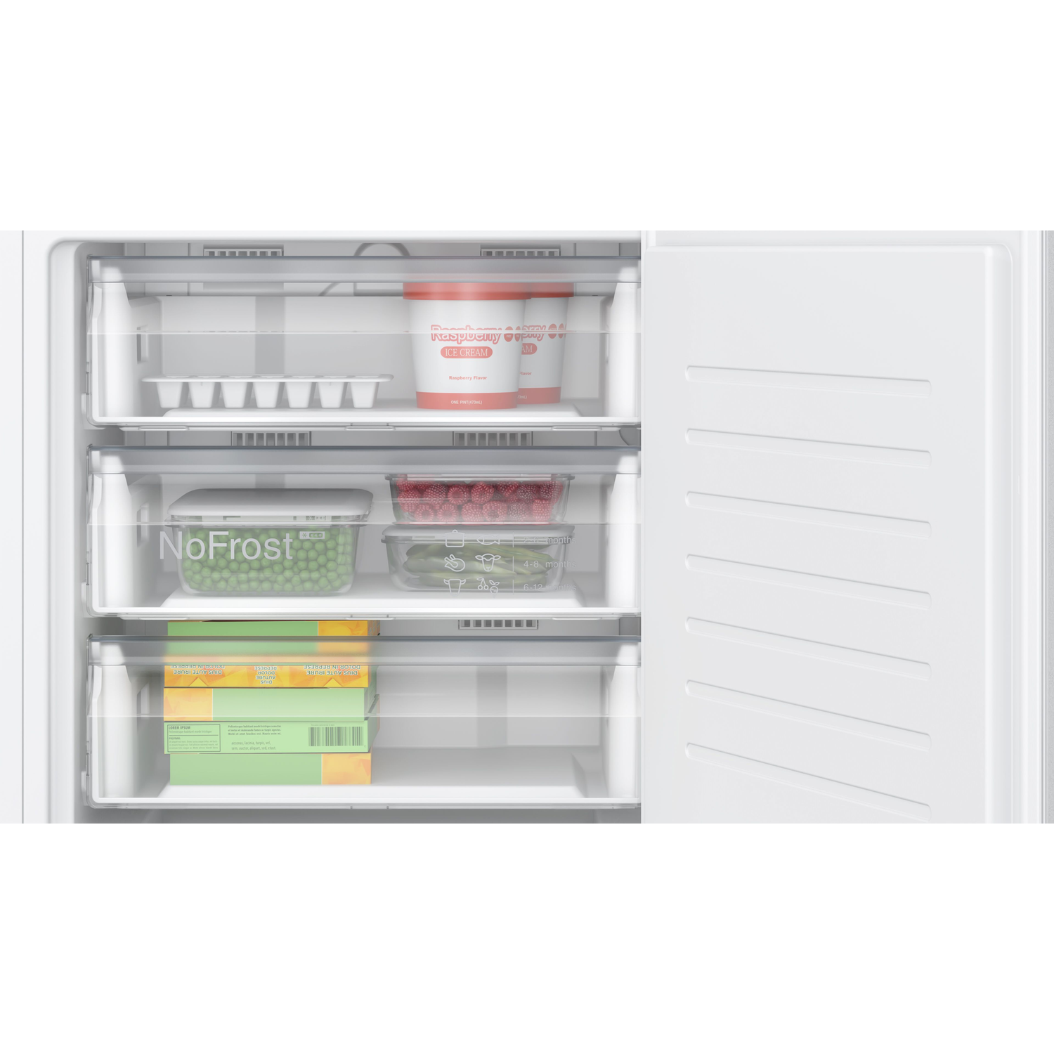 Freezer with three drawers filled with ice cream, berries, and food items.