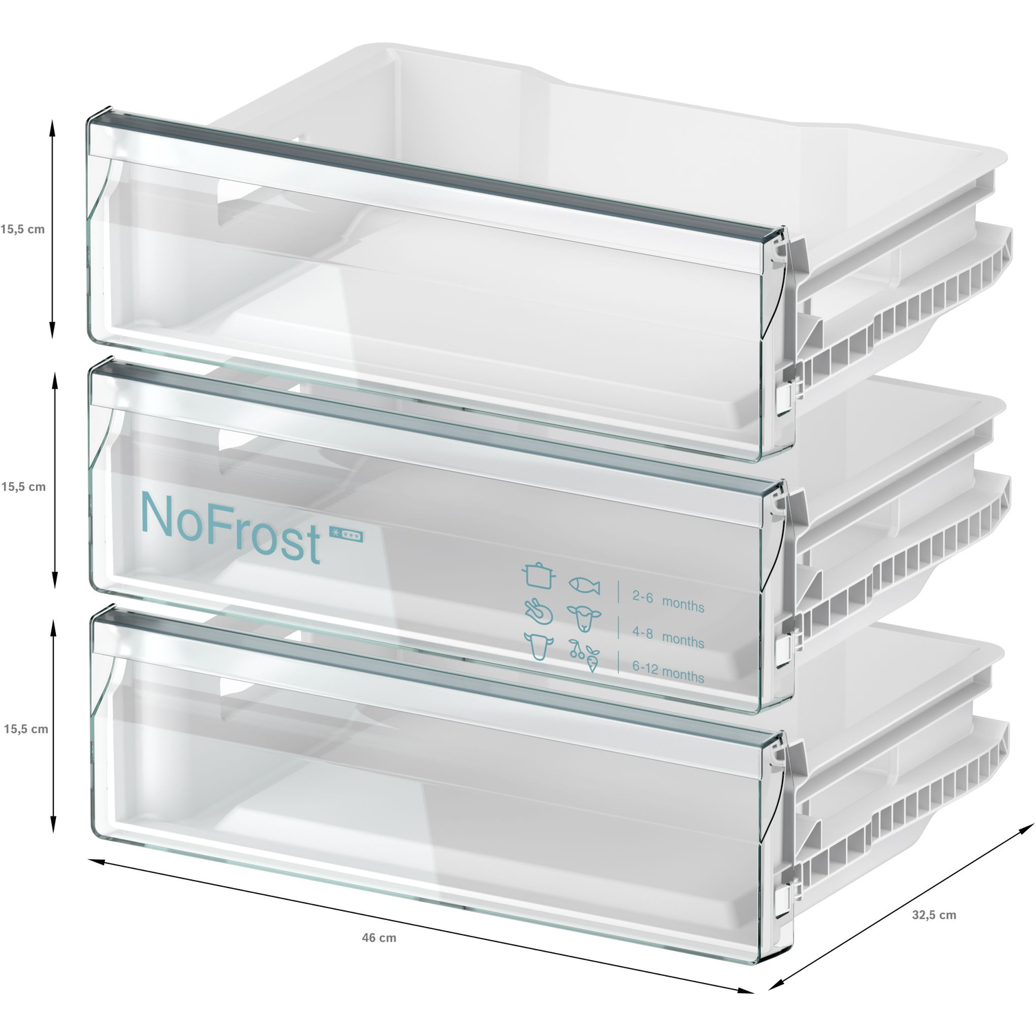 Three clear freezer drawers with glass fronts, dimensions 46x32.5x15.5 cm.