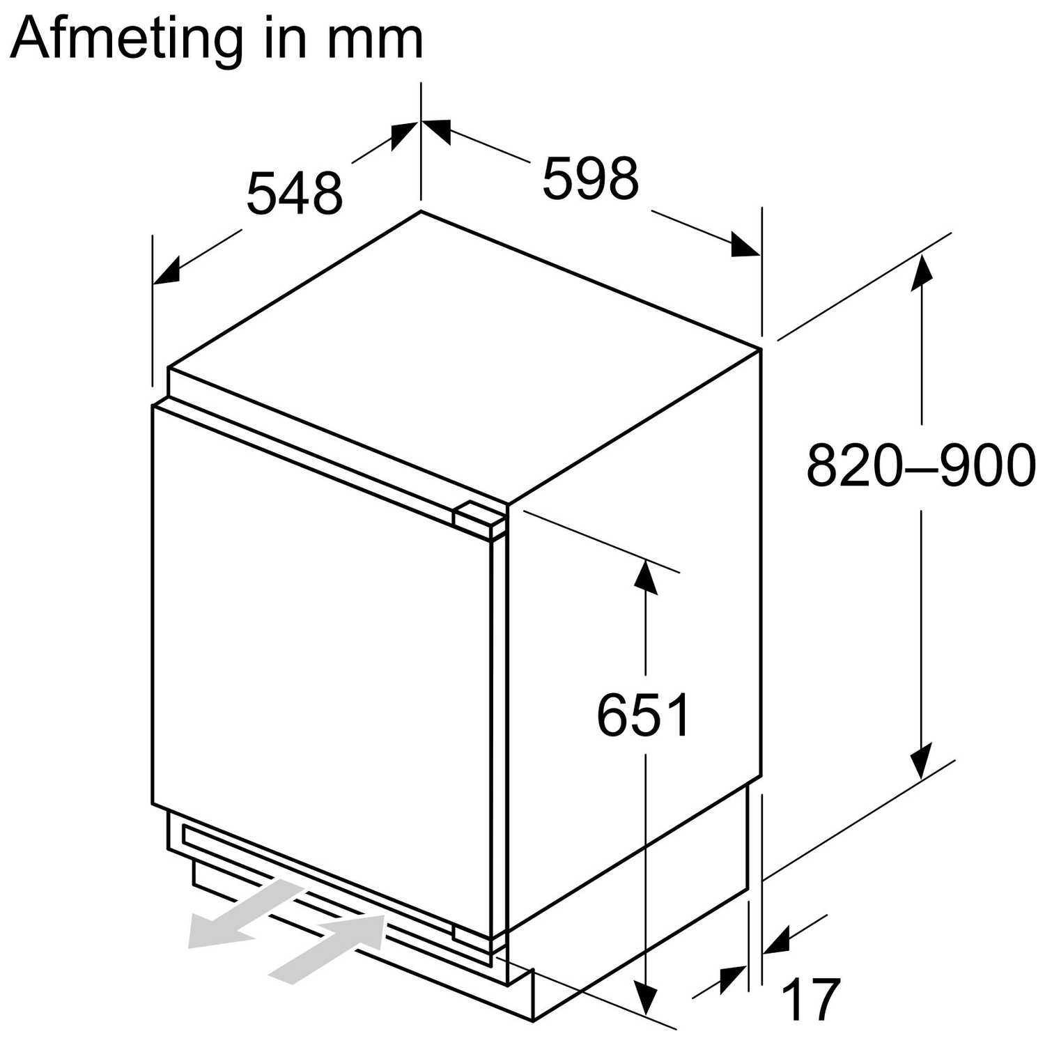 Technical drawing of an appliance with dimensions in mm: width 598, depth 548, height 820-900.