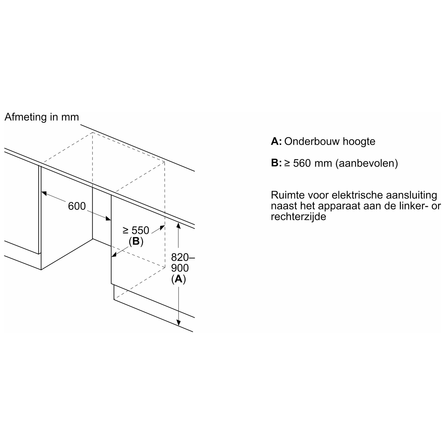 Technical drawing with dimensions for installation height (A) and width (B).