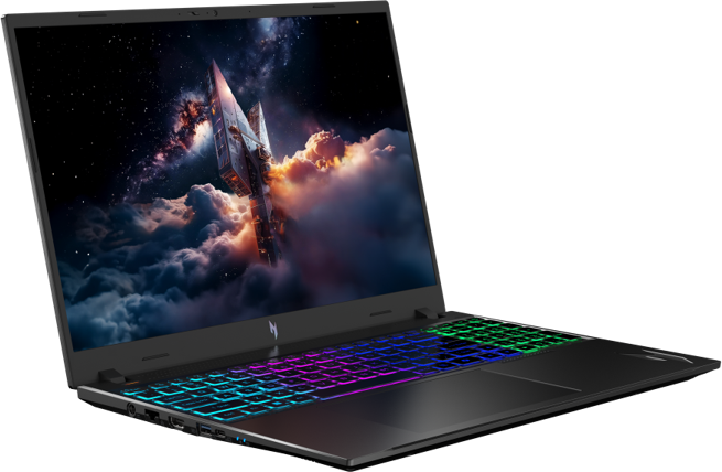 Laptop nero con tastiera illuminata e sfondo a tema spaziale.