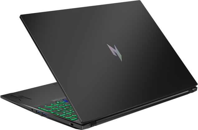 Un laptop nero chiuso con tastiera e logo retroilluminati verdi.