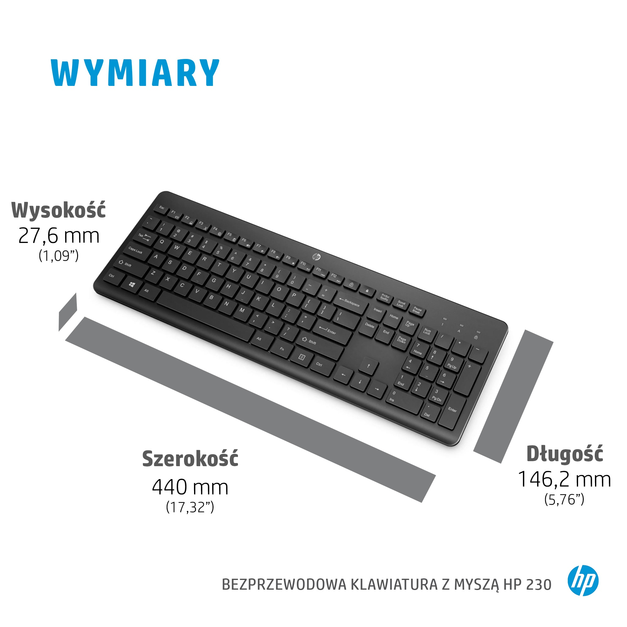 Czarna klawiatura HP z wymiarami: wysokość 27,6 mm, szerokość 440 mm, głębokość 146,2 mm.