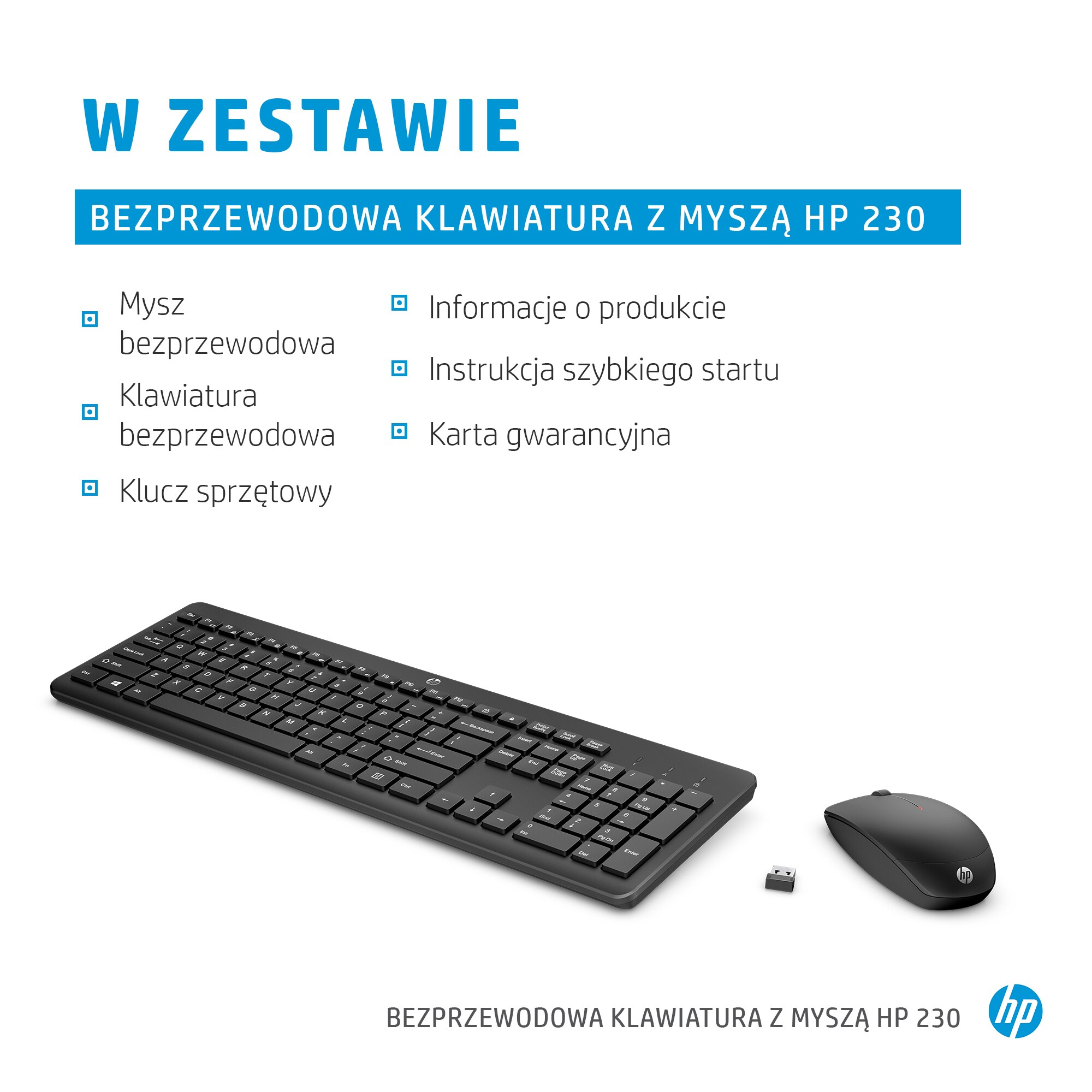 Czarna bezprzewodowa klawiatura i mysz HP 230 z donglem USB.