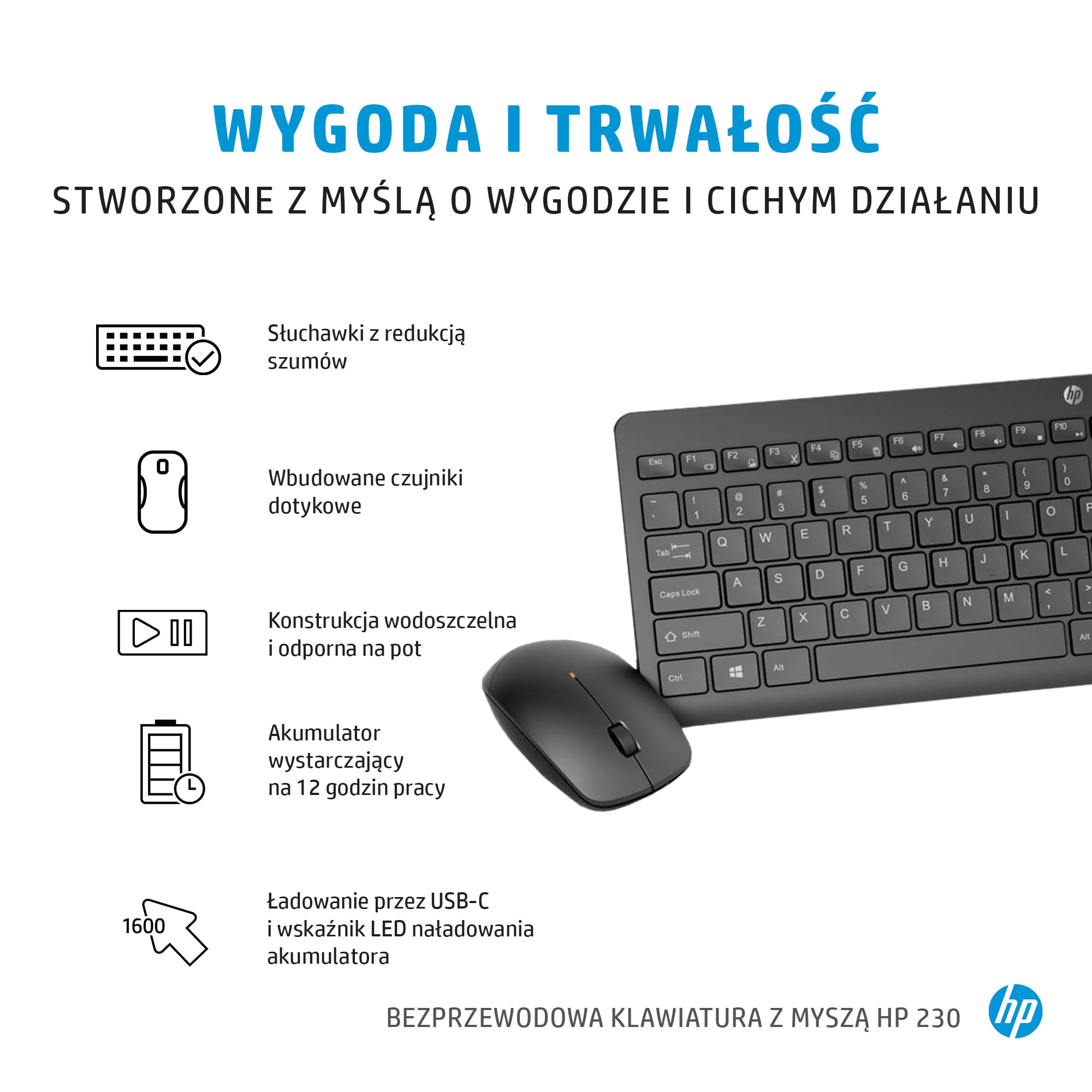 Bezprzewodowa klawiatura i mysz HP 230 z redukcją szumów, czujnikami dotykowymi, wodoodporna.