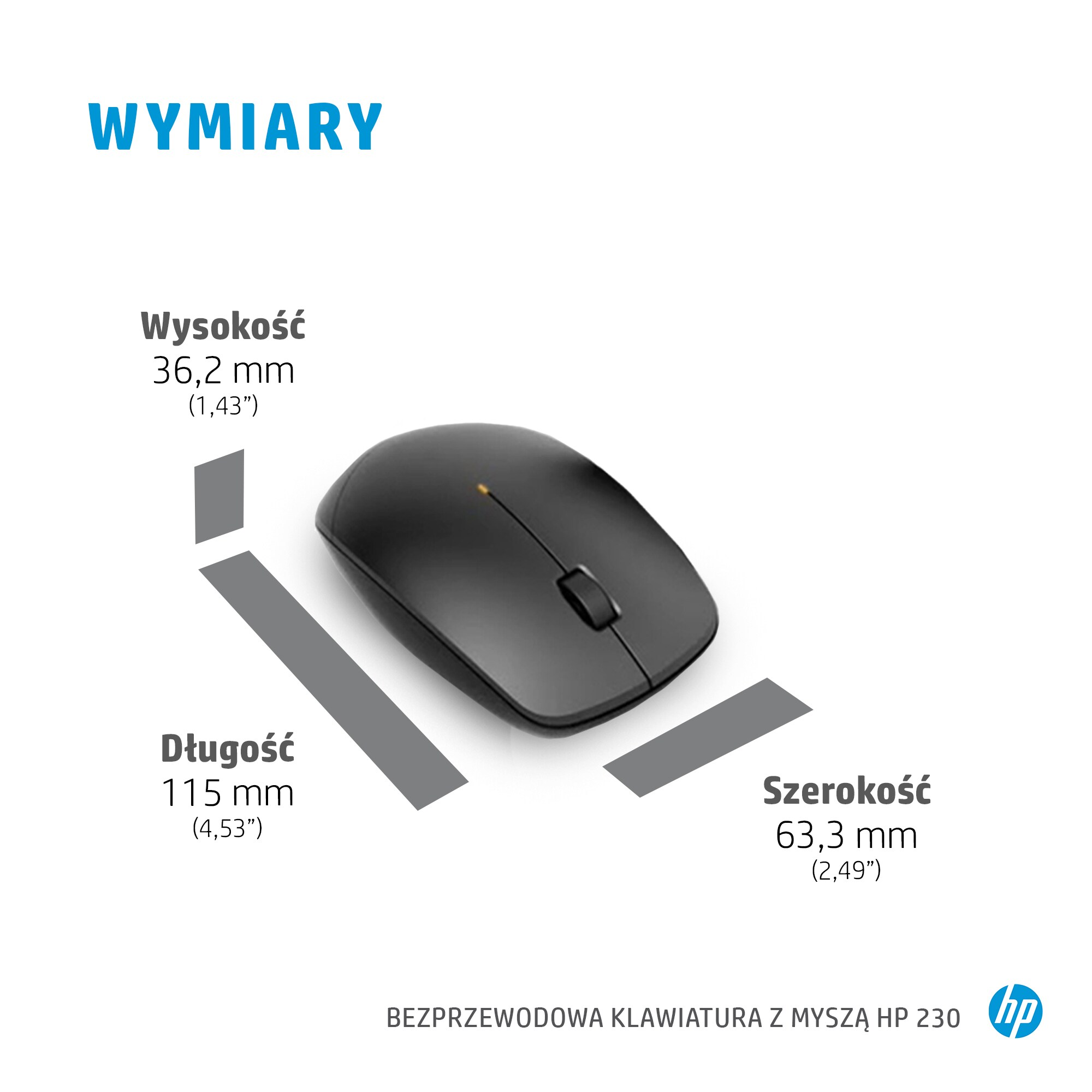 Czarna mysz HP z wymiarami: wysokość 36,2mm, długość 115mm, szerokość 63,3mm.