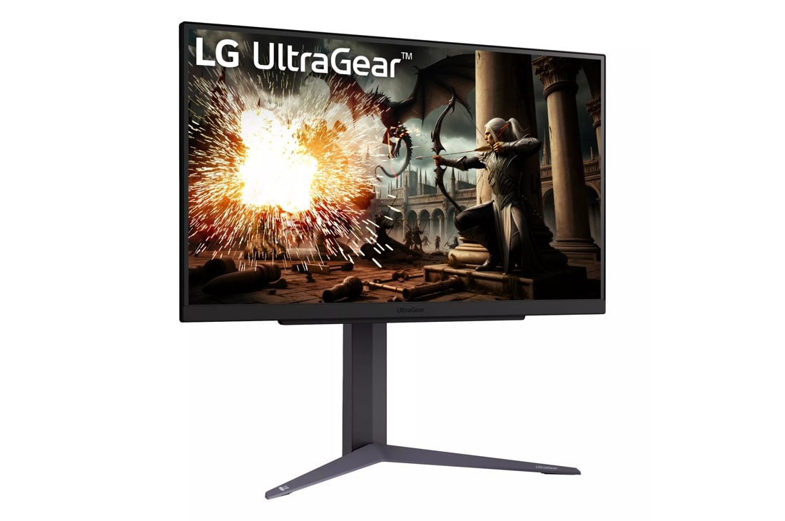 Monitor LG UltraGear pokazuje scenę bitwy fantasy z łucznikiem, smokiem i eksplozją.