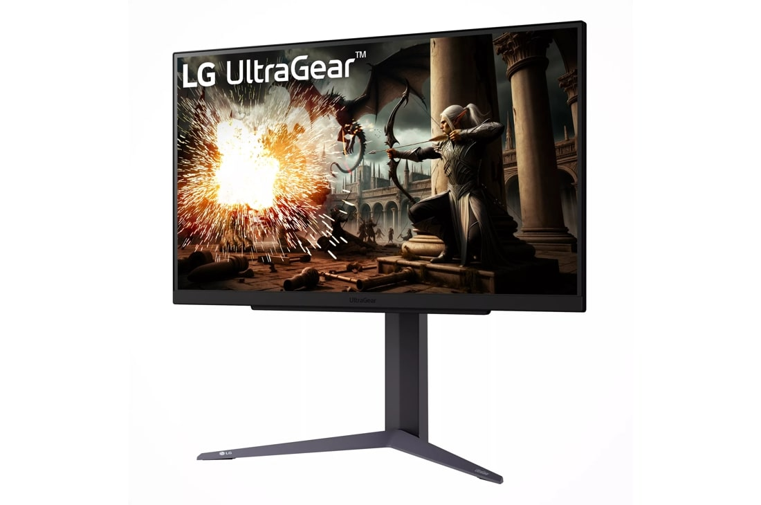 Monitor LG UltraGear wyświetla grę z łucznikiem, smokiem i eksplozjami.