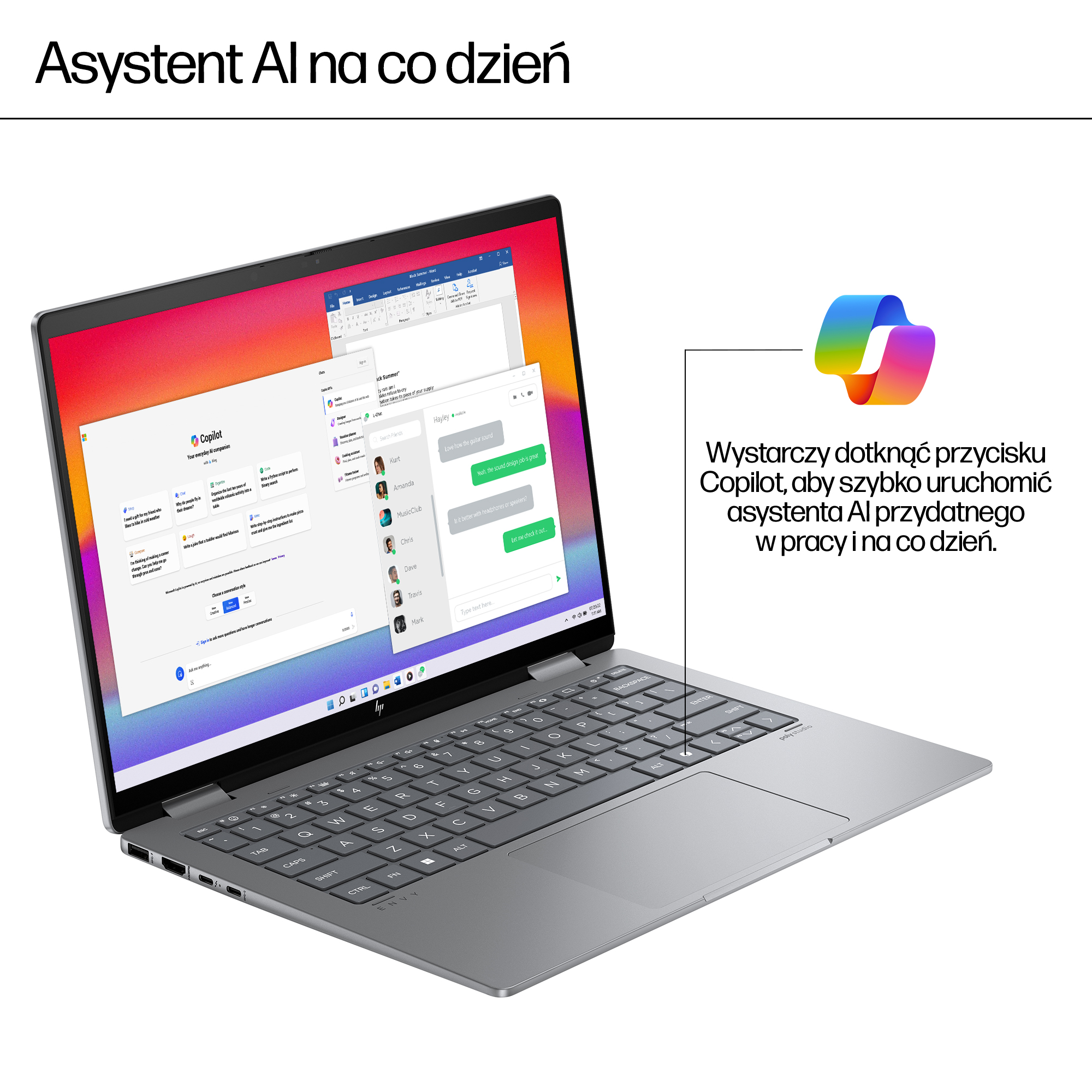 Srebrny laptop wyświetla Copilota, aplikację AI, i czat z kolorowymi dymkami.