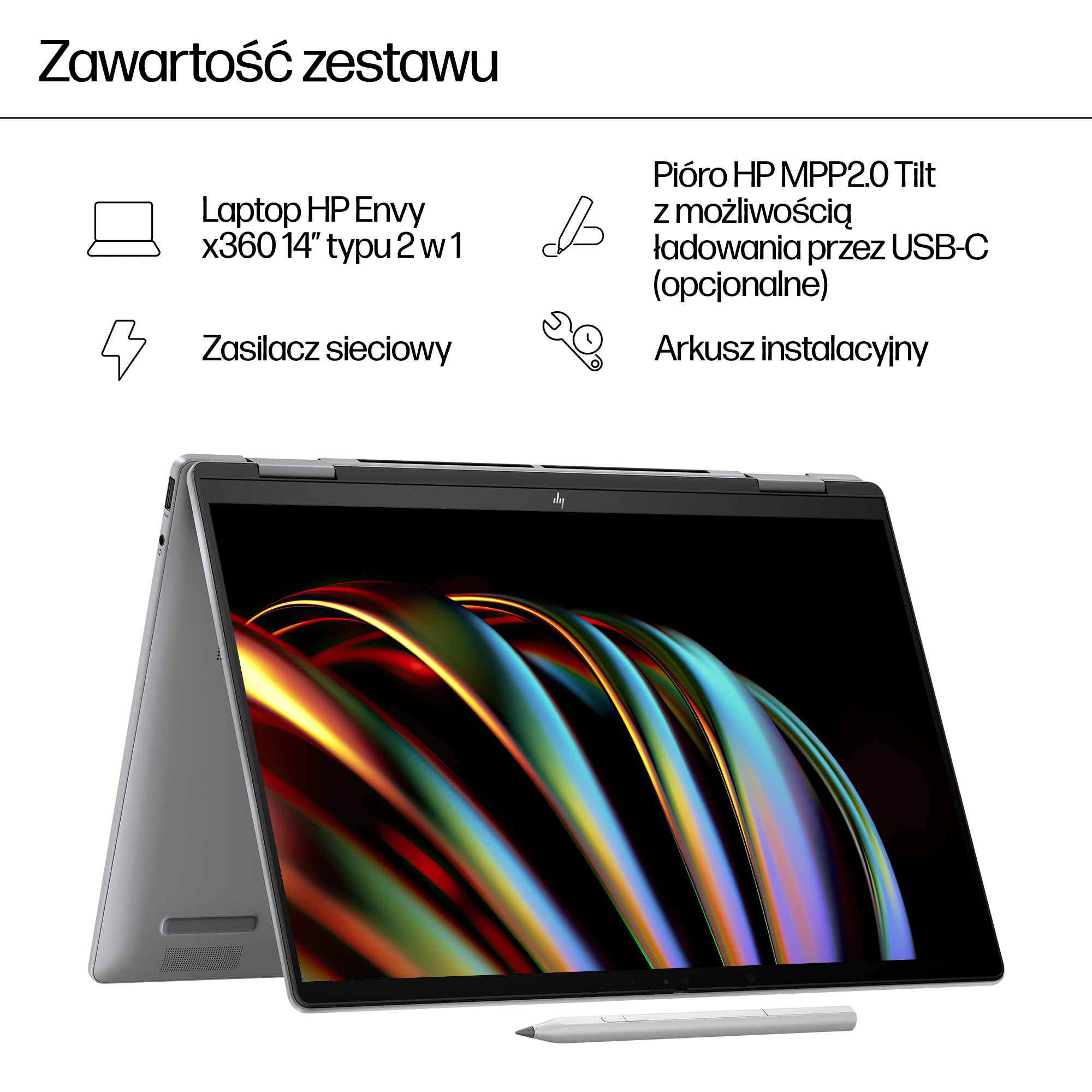 Laptop HP Envy x360, zasilacz, pióro i instrukcja instalacji.