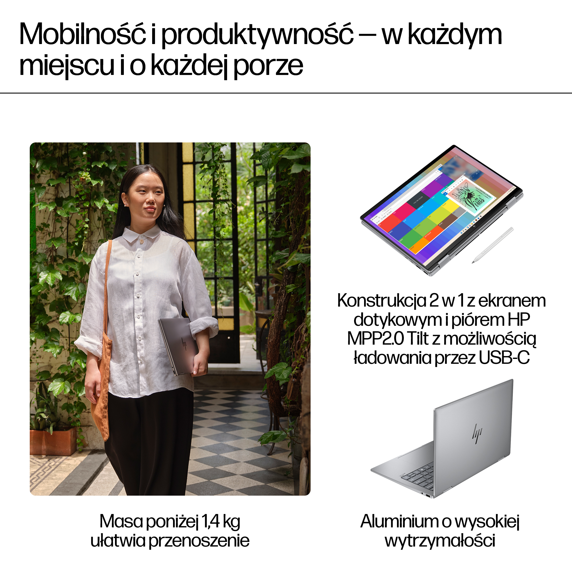 Kobieta trzymająca laptopa na zewnątrz, obok laptop i rysik.