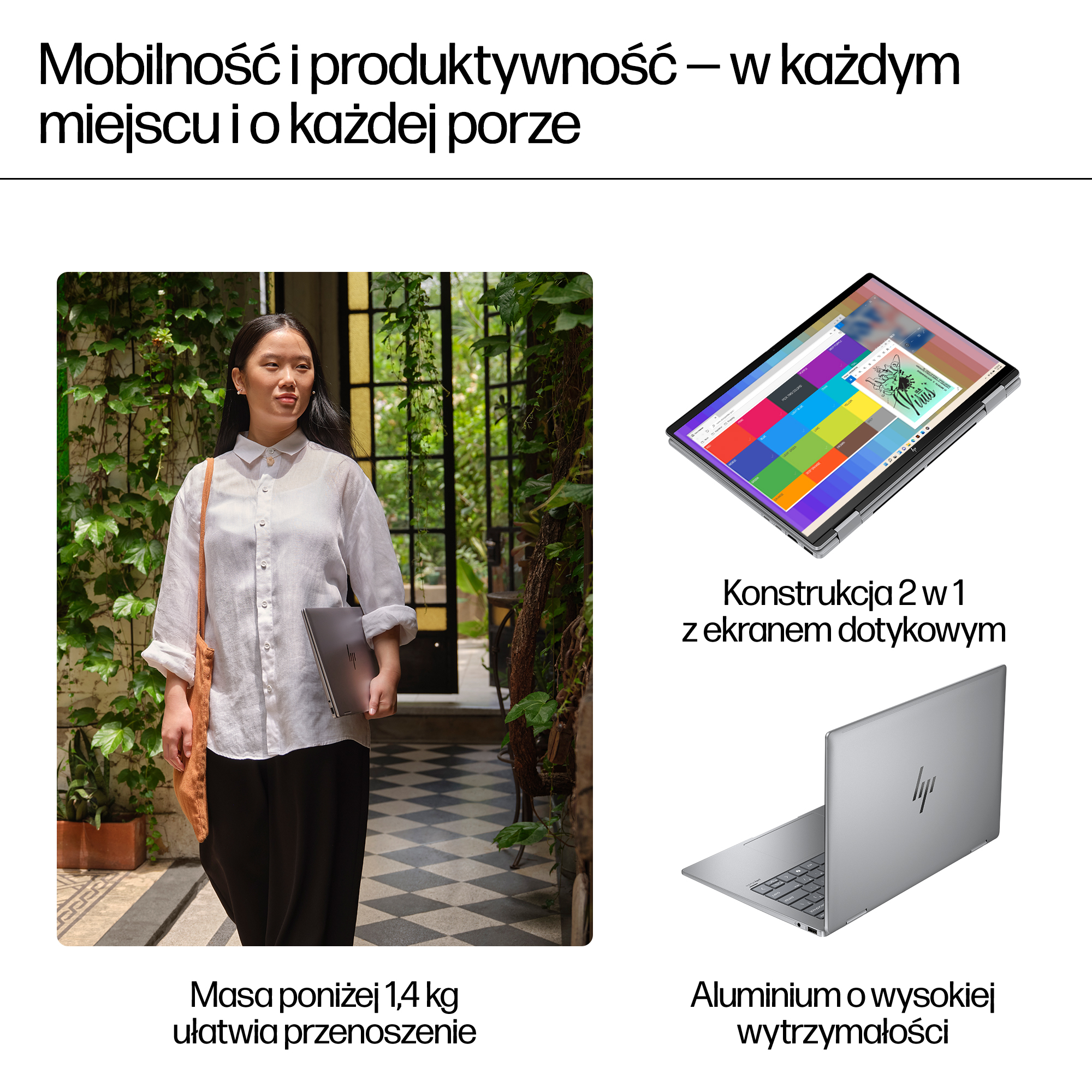 Kobieta niesie laptopa; obok laptop w trybie tabletu i otwarty laptop.