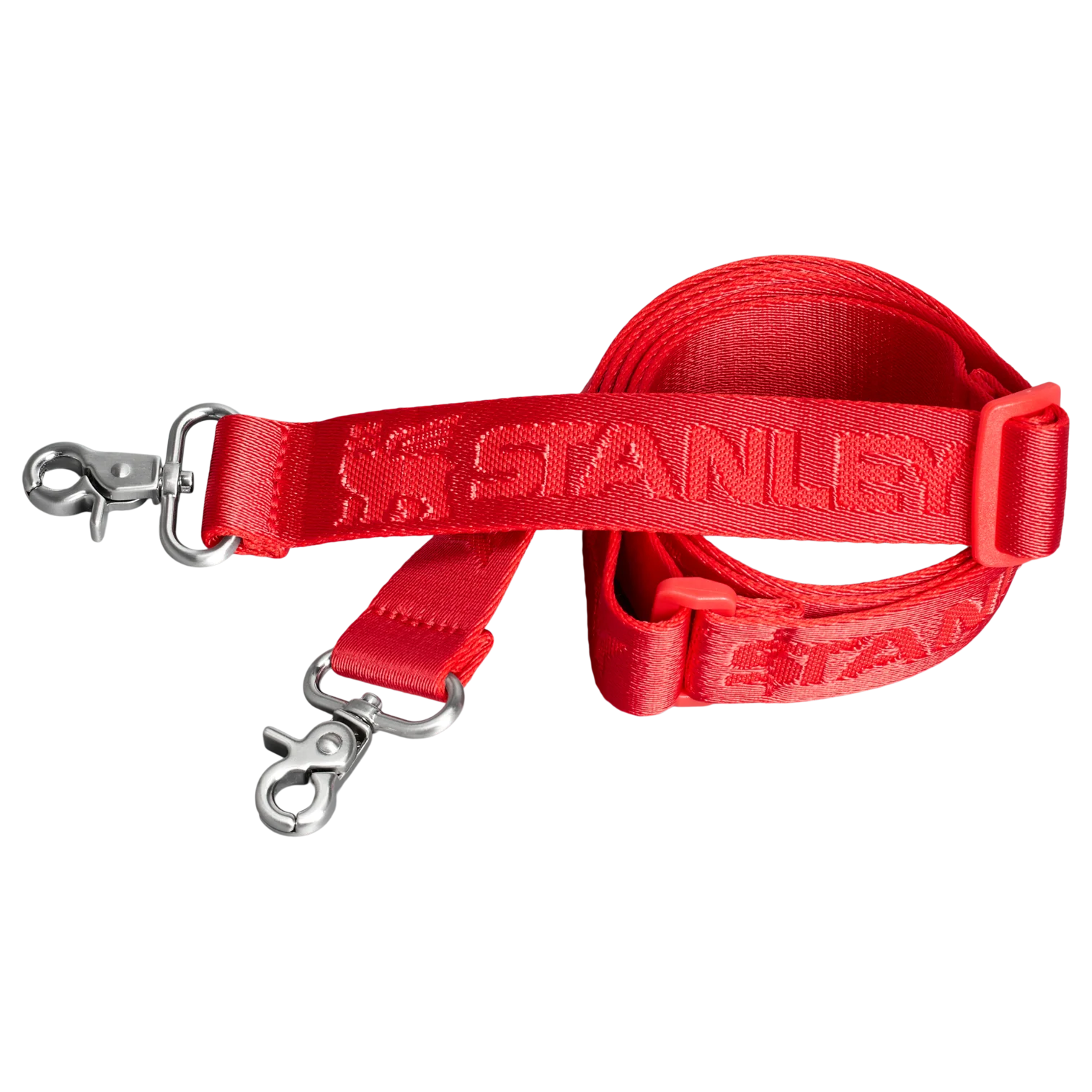 İki gümüş klipsli ve tokalı kırmızı bir Stanley lanyard.
