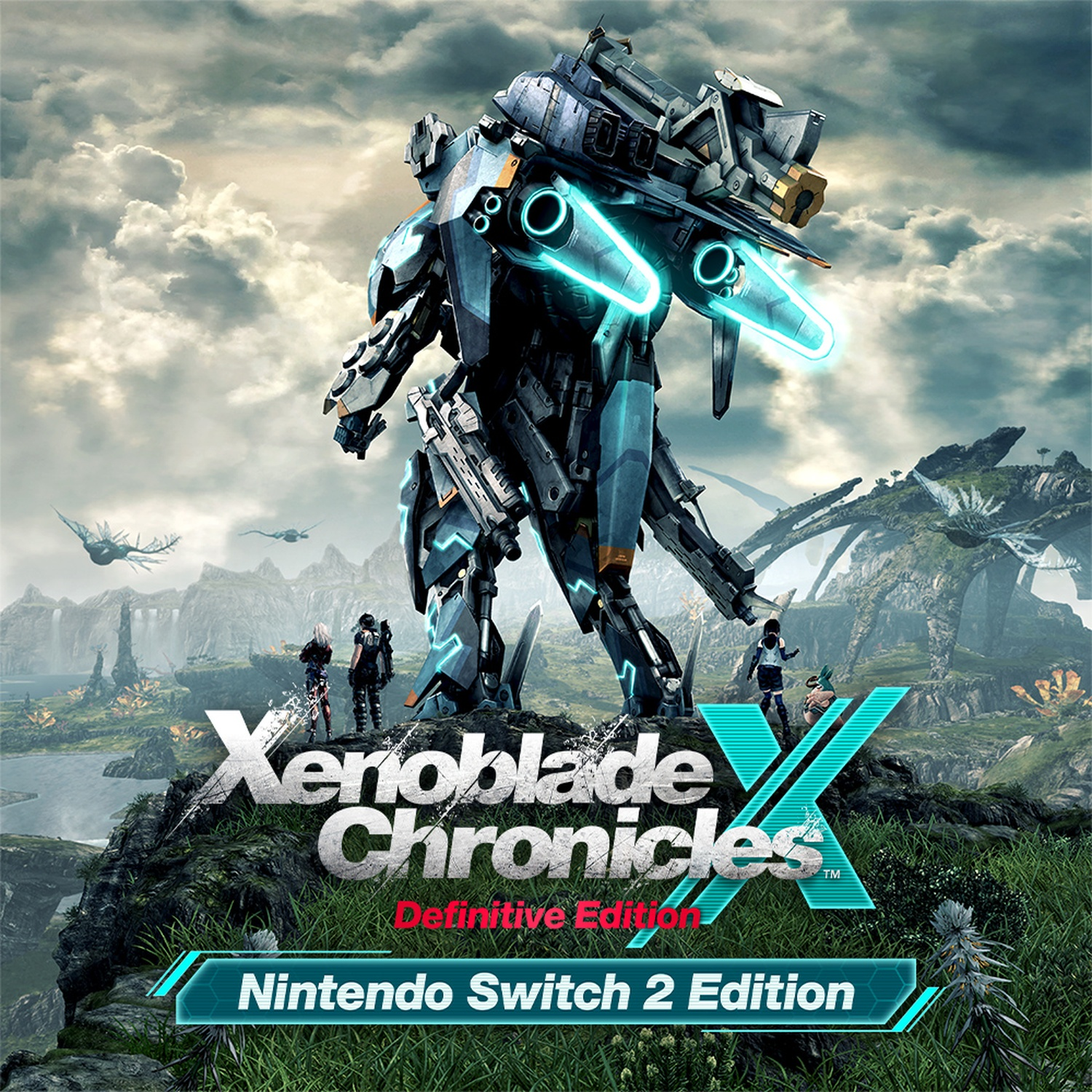 A giant mech stands on a rocky outcrop. The background shows a landscape with mountains and clouds.