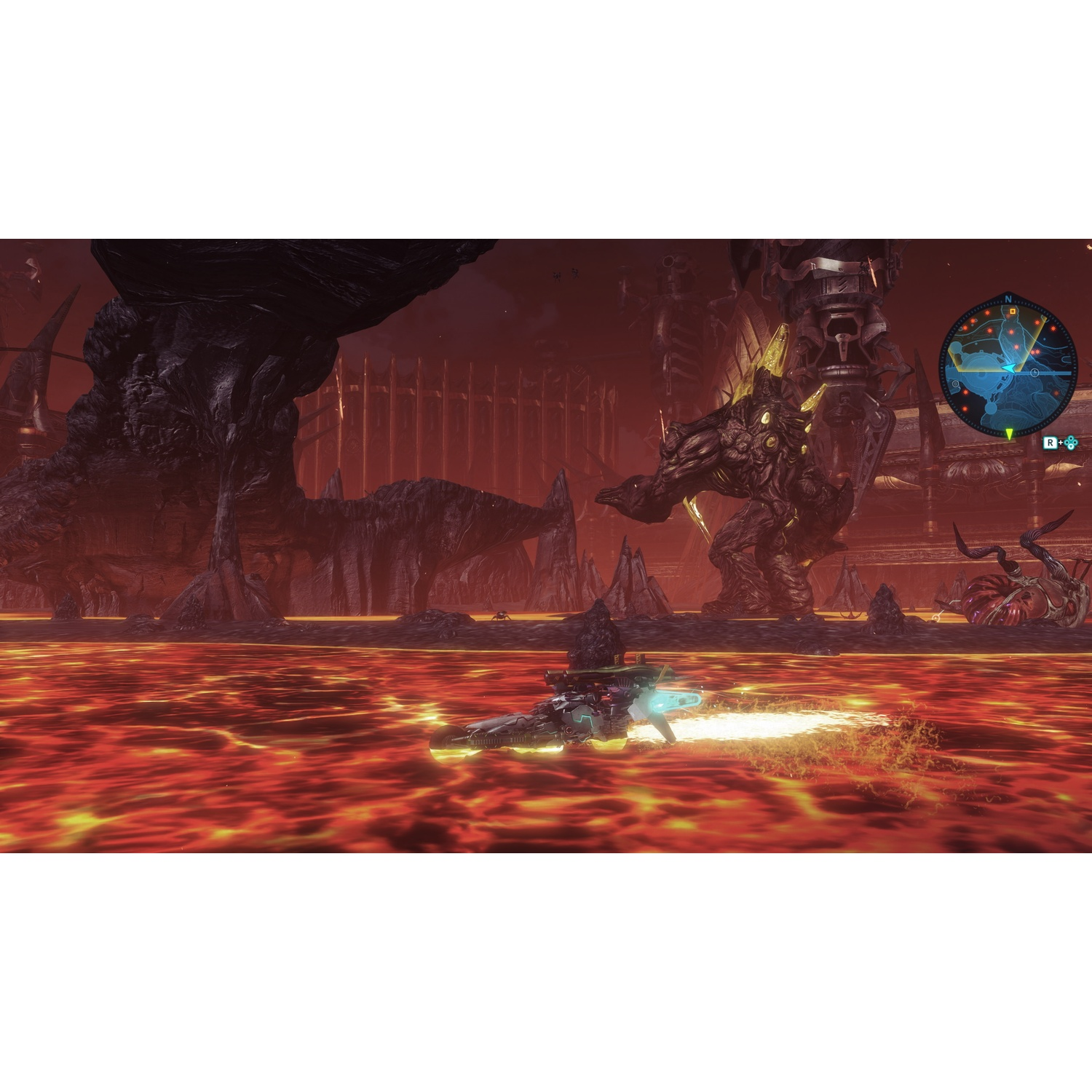 A vehicle drives across glowing lava, surrounded by dark rock formations and monsters.