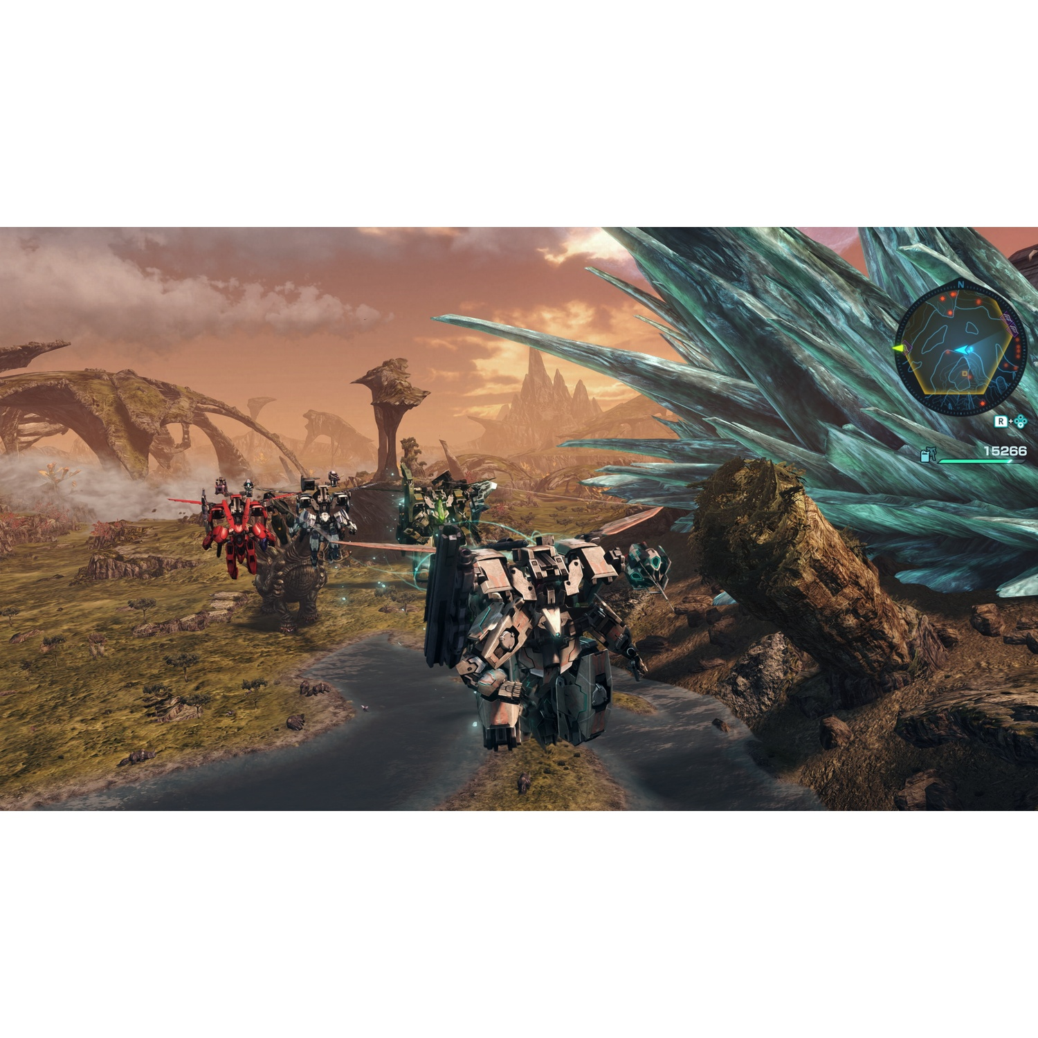 Robots in a futuristic landscape with crystal formations and ruins.