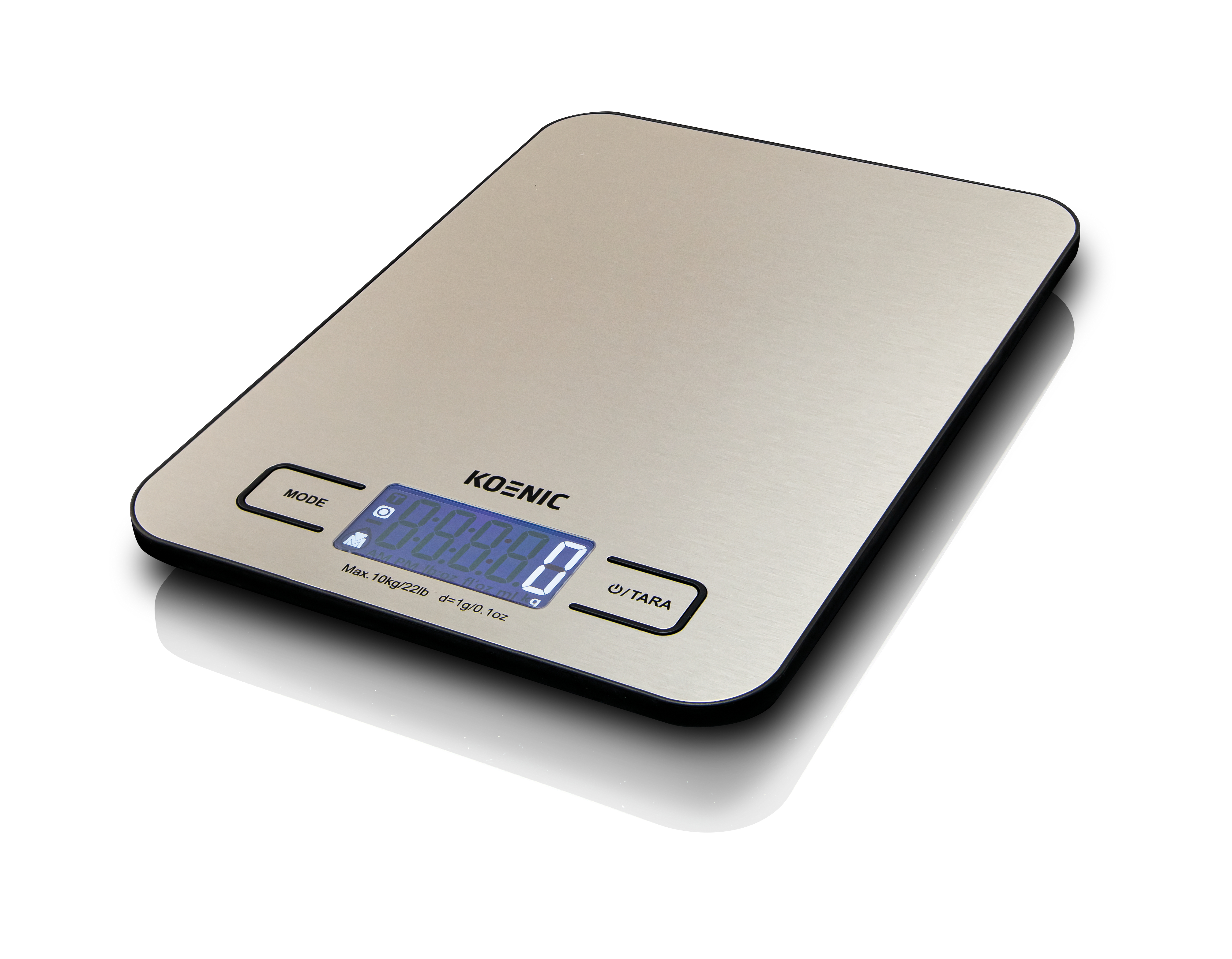 Una báscula de cocina digital plateada con pantalla azul sobre superficie blanca.