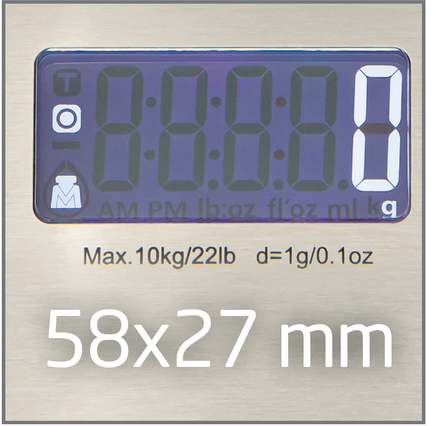 Pantalla digital muestra 0:0:0:00. Dimensiones 58x27 mm.