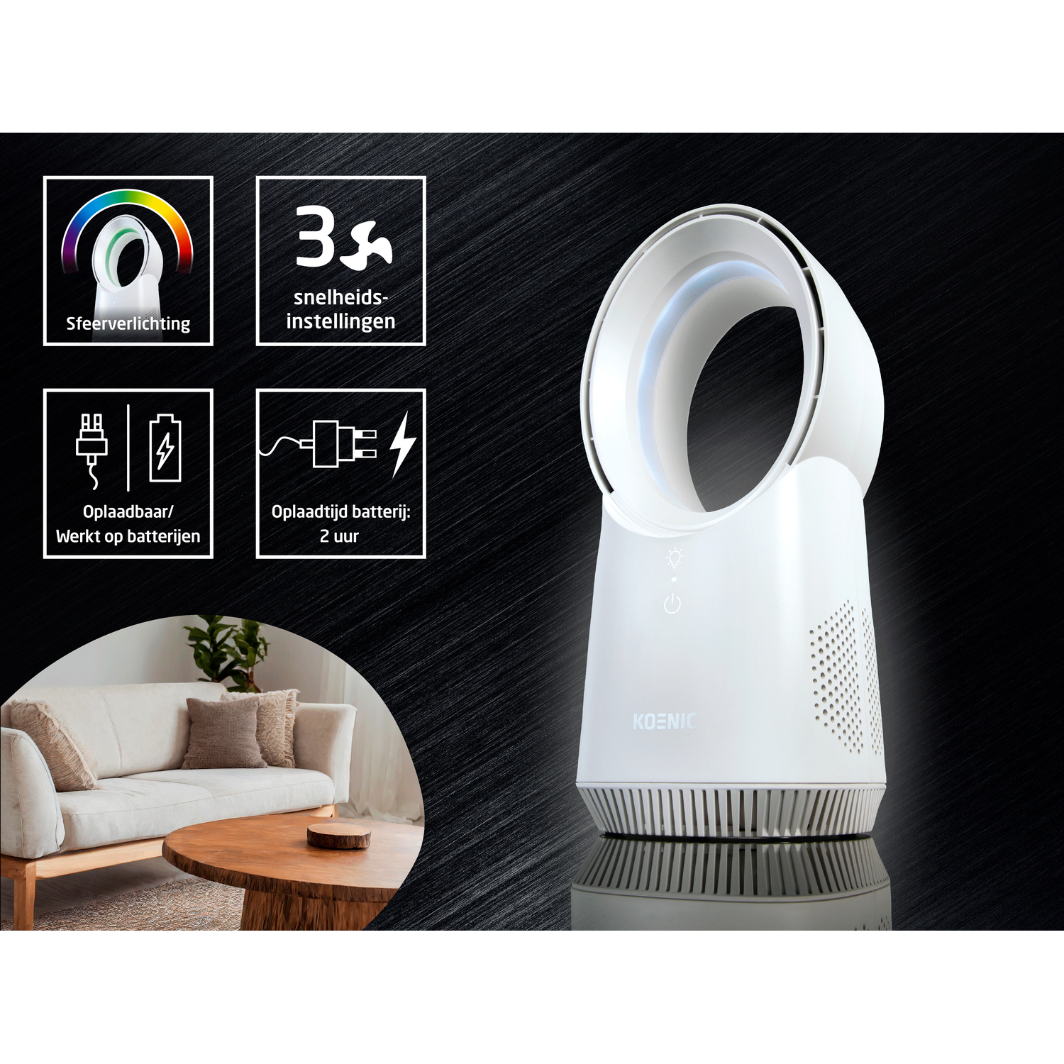 Witte torenventilator met sfeerverlichting, 3 snelheden, oplaadbaar. Woonkamer achtergrond.