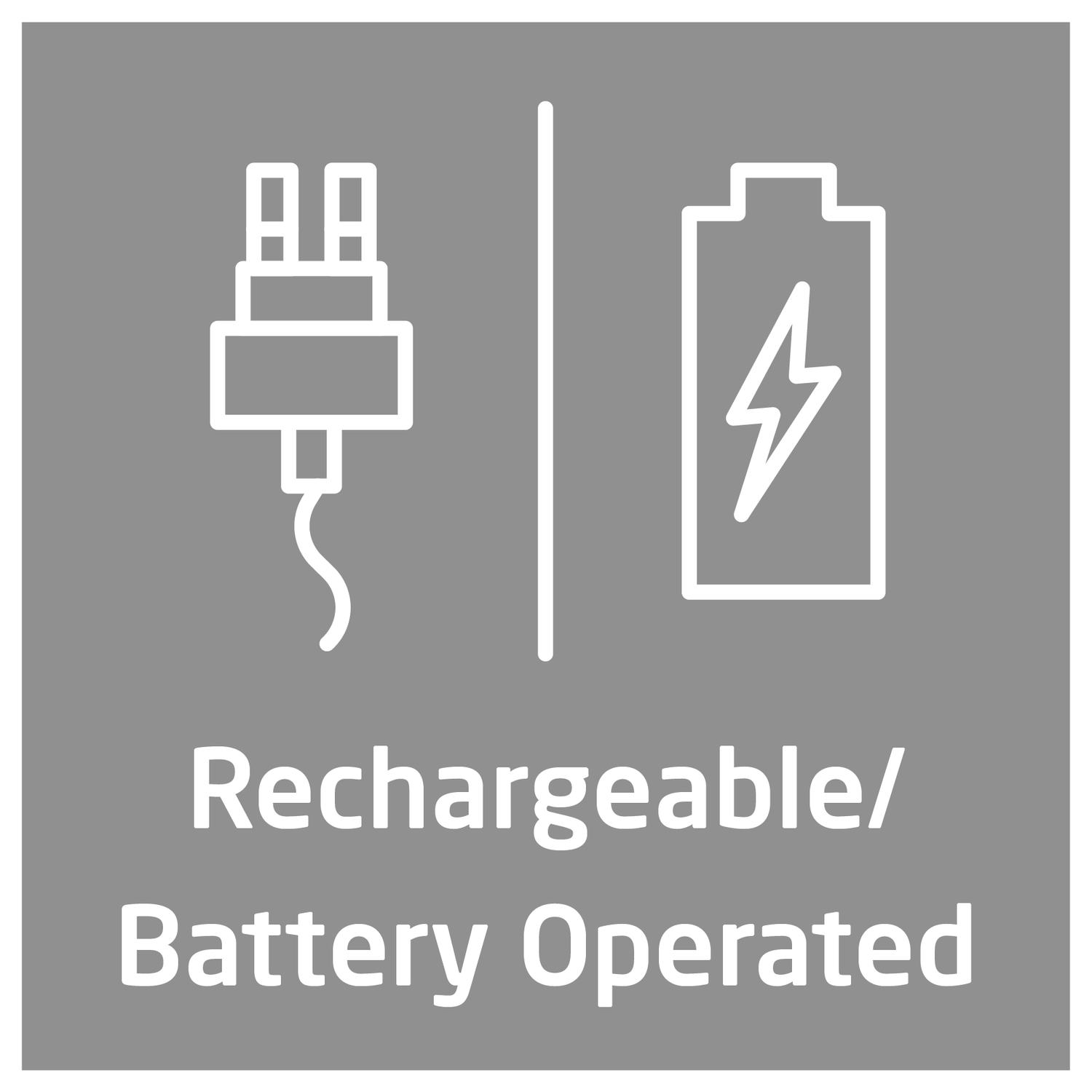 Pictogram van stekker en batterij met bliksem. Tekst: Oplaadbaar/Op batterijen.
