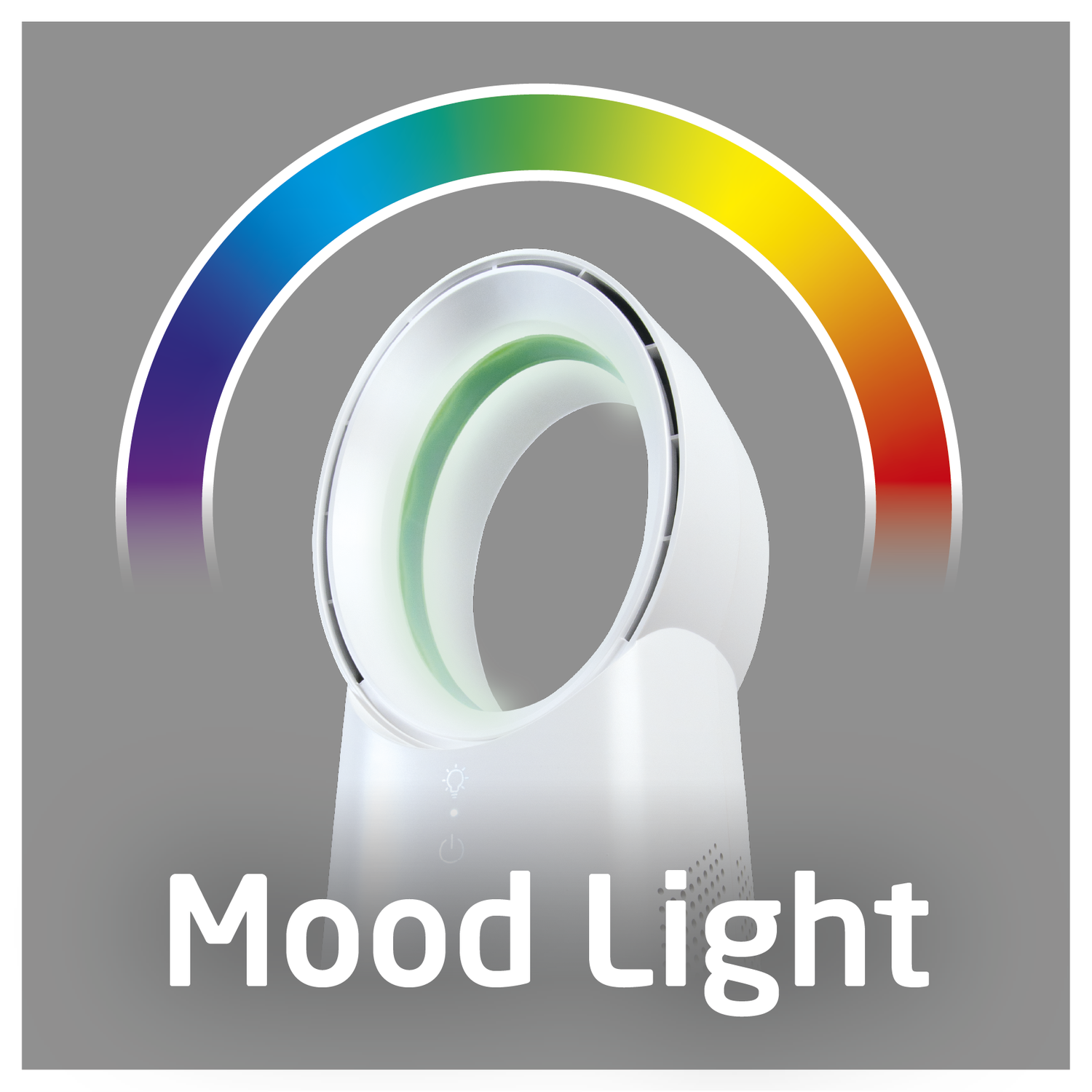 Een witte ventilator met een regenboogboog erboven. Tekst: Mood Light.