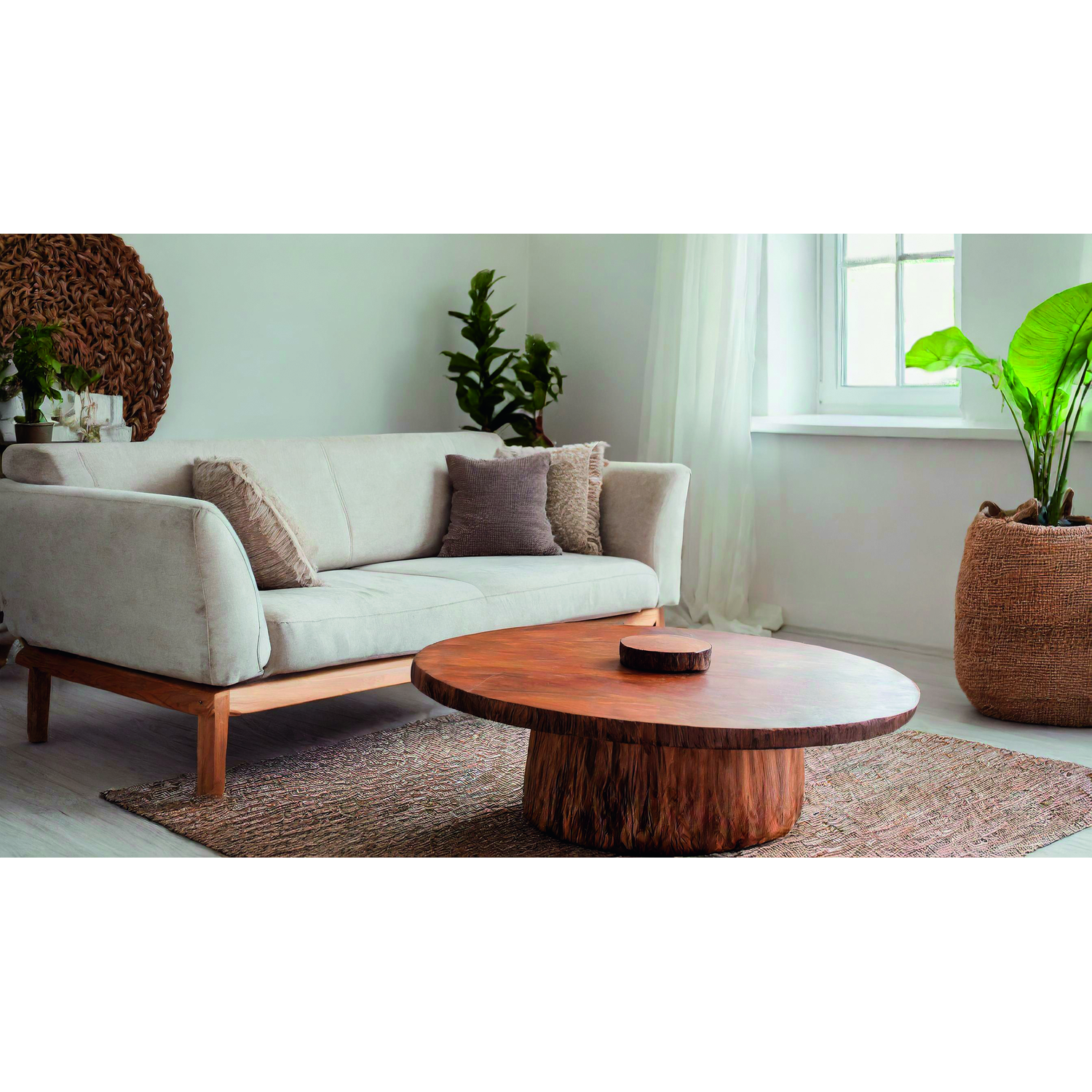 Een lichte woonkamer met bank, houten tafel, vloerkleed en planten.