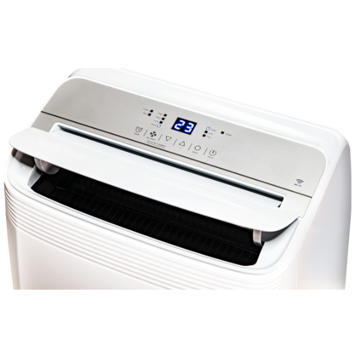 A white portable air conditioner with a digital display.