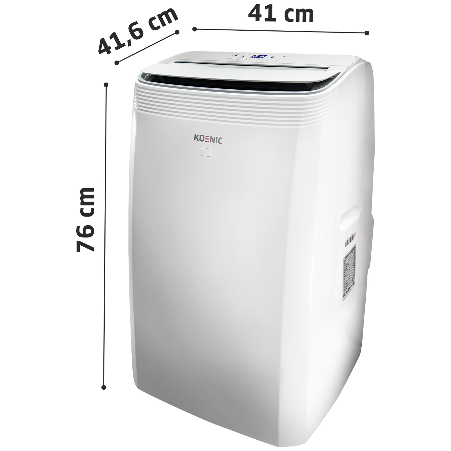 A white portable air conditioner tower with dimensions shown: 41.6 cm, 41 cm, 76 cm.