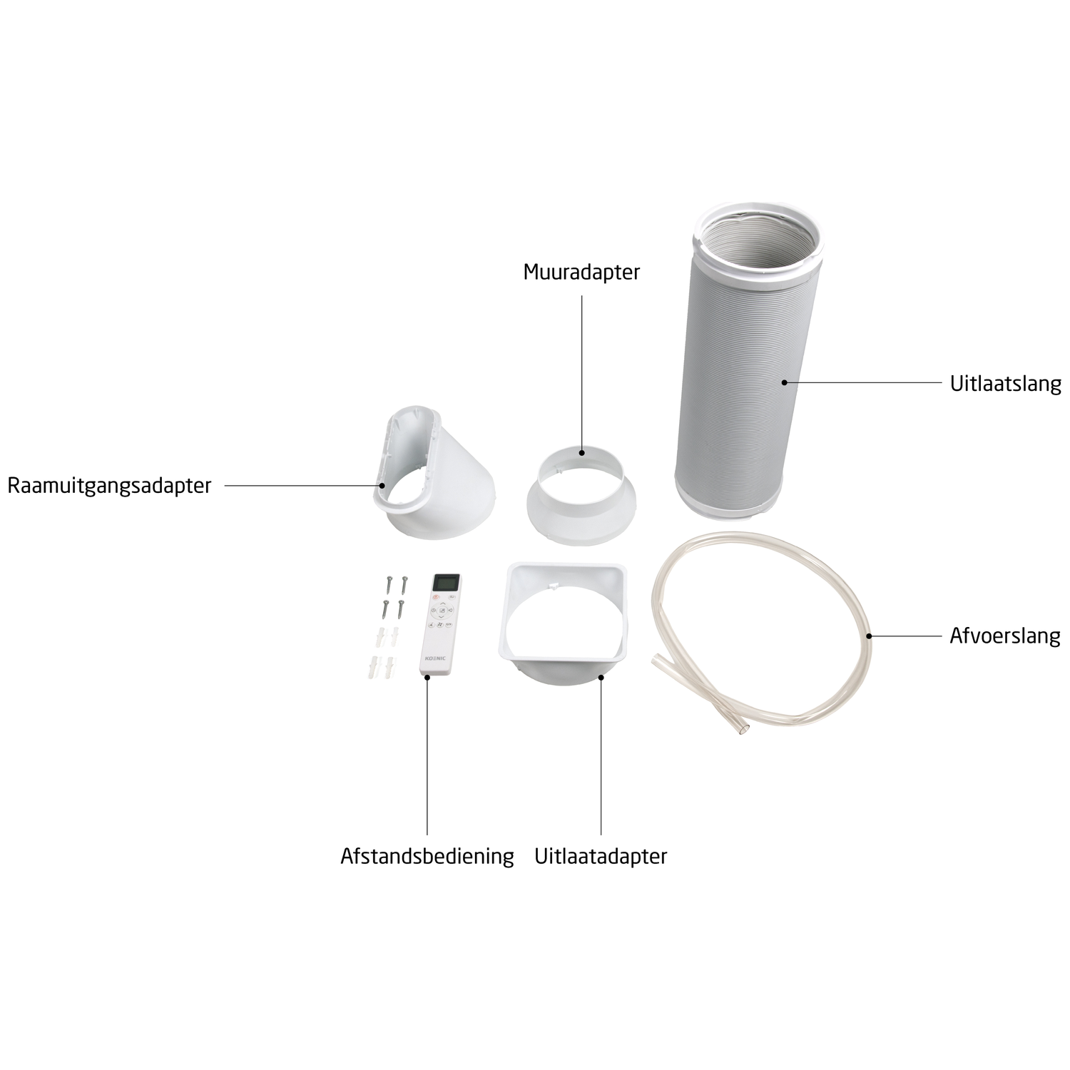 White window adapter, wall adapter, exhaust hose, drain hose, and remote control.
