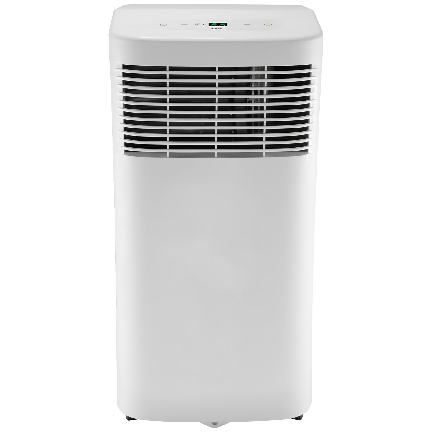 Een hoge, witte draagbare airconditioner met een bedieningspaneel aan de bovenkant en horizontale ventilatieopeningen, geïsoleerd op een witte achtergrond.