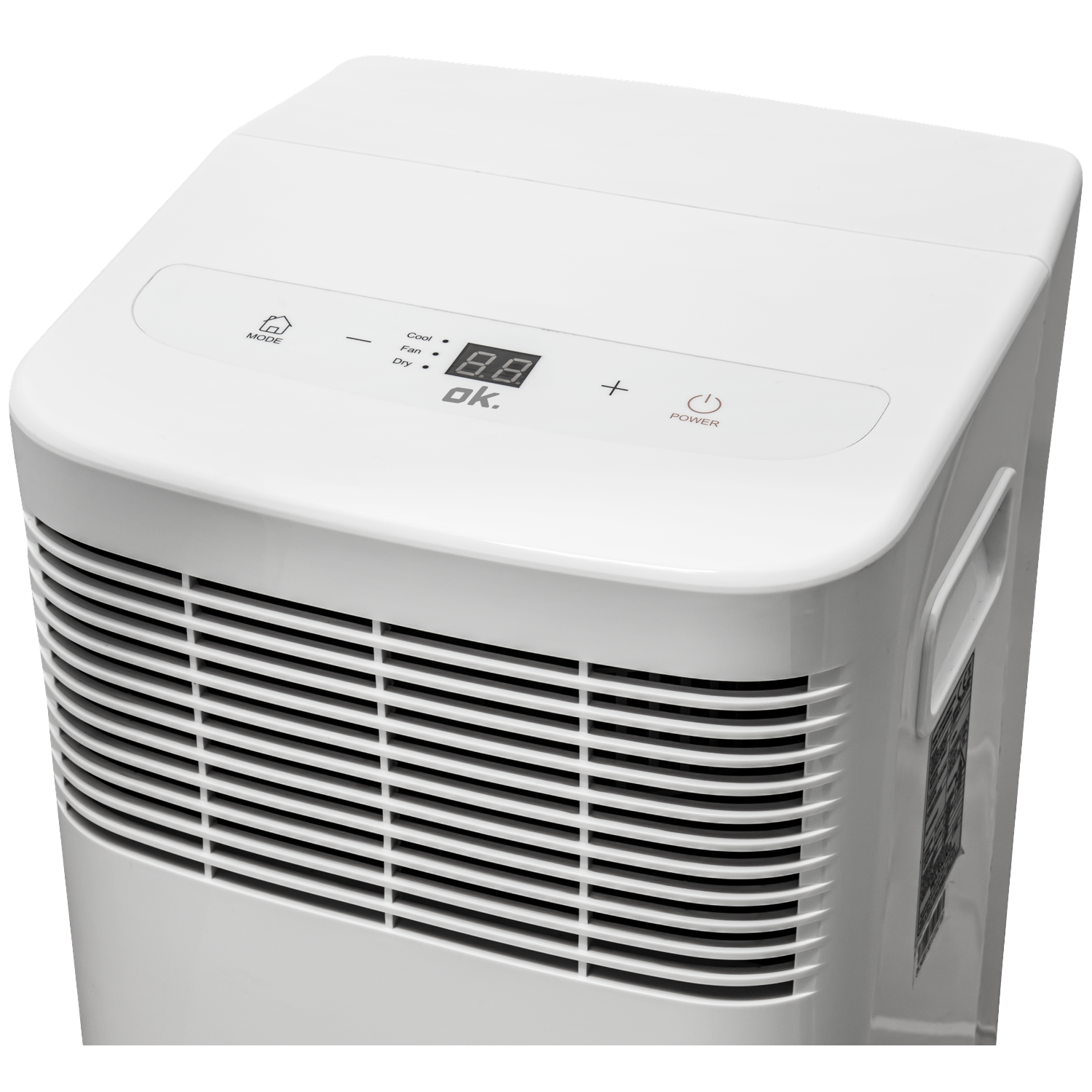 Een witte OK. aircooler met ventilatieopeningen en bedieningspaneel.
