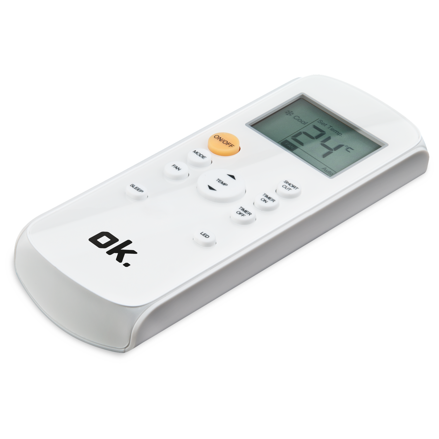 Een witte afstandsbediening met een LCD-scherm en knoppen.