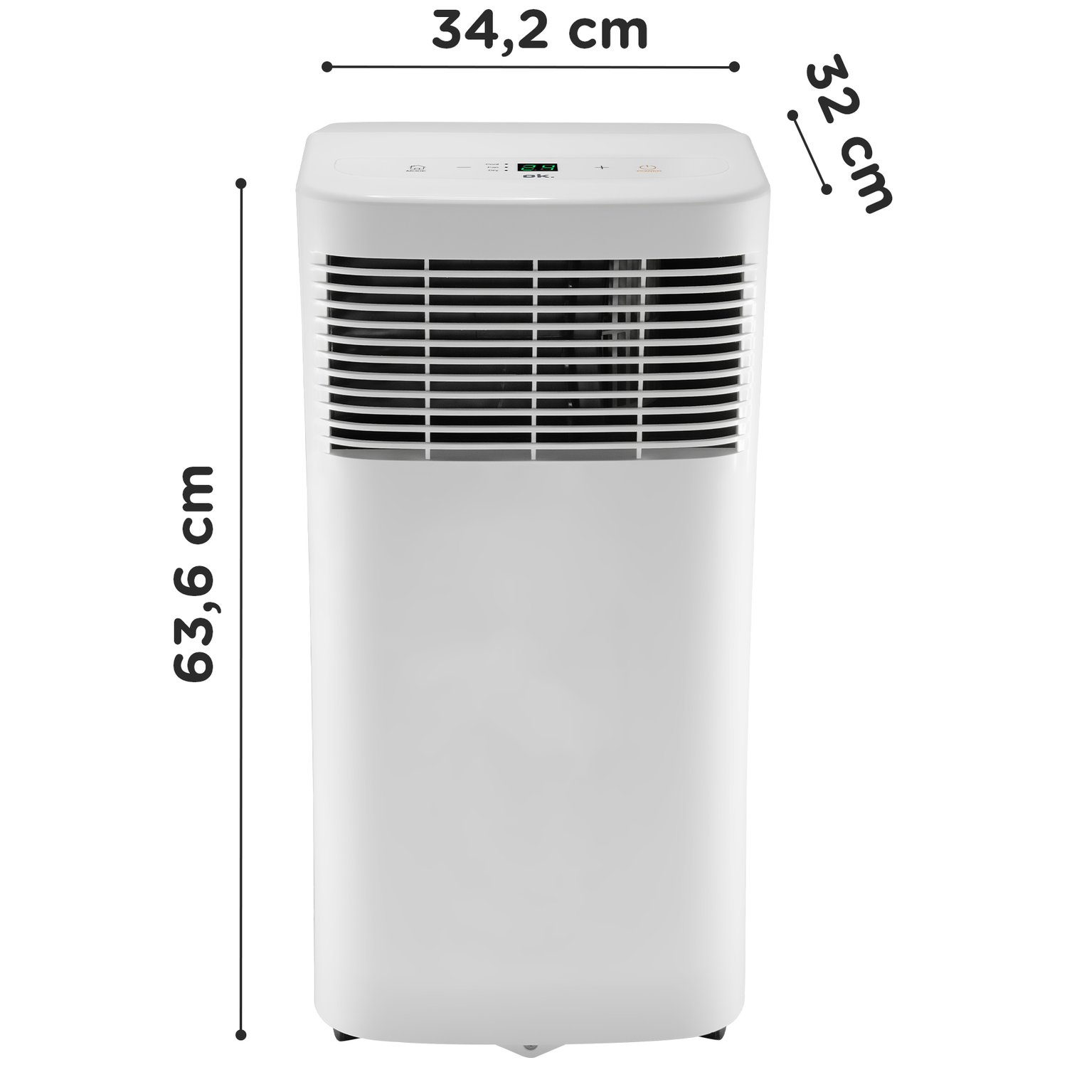 Een witte, verticale luchtkoeler met ventilatieopeningen en digitale displays.