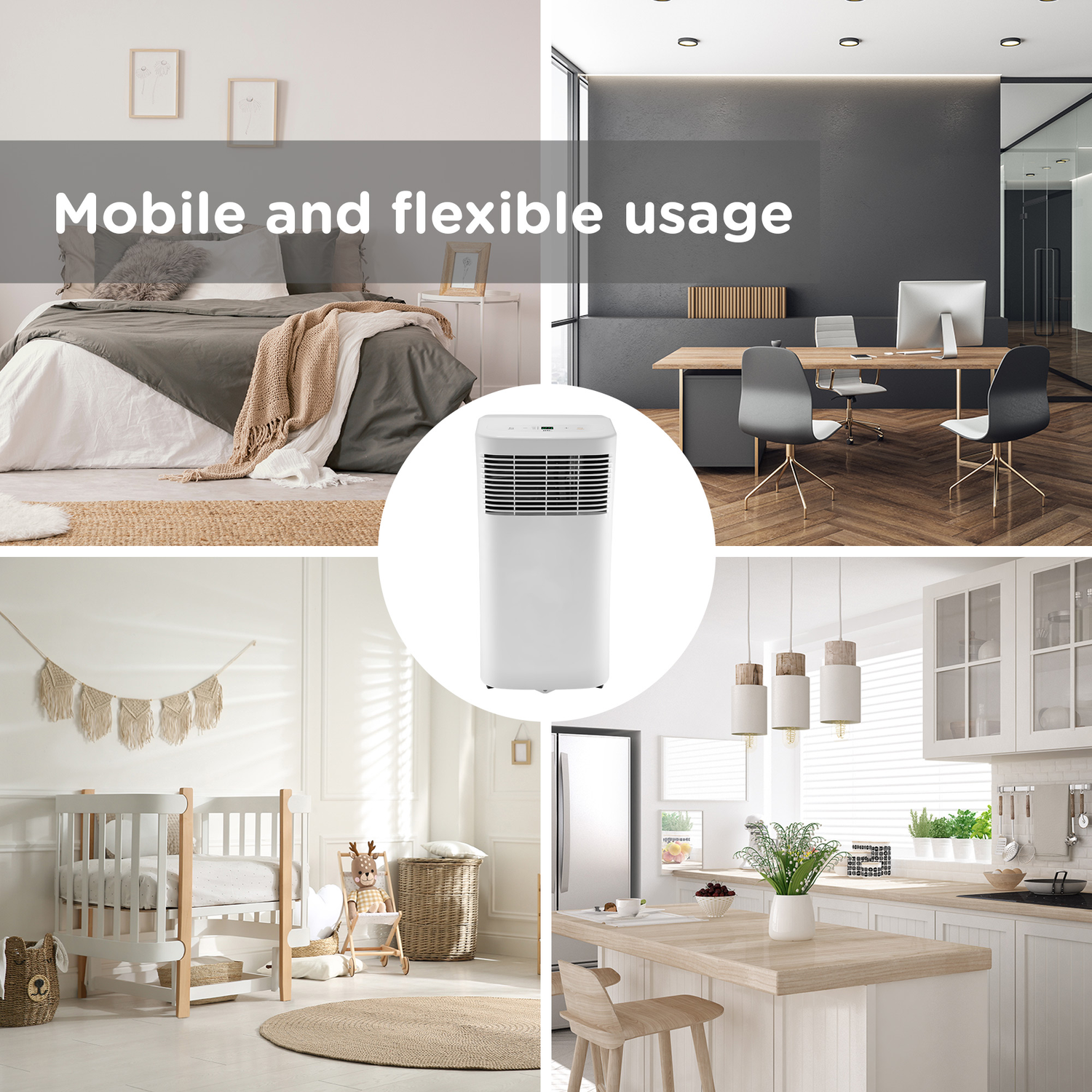 Een draagbare airco unit getoond in diverse kamers: slaapkamer, kantoor, kinderkamer en keuken.