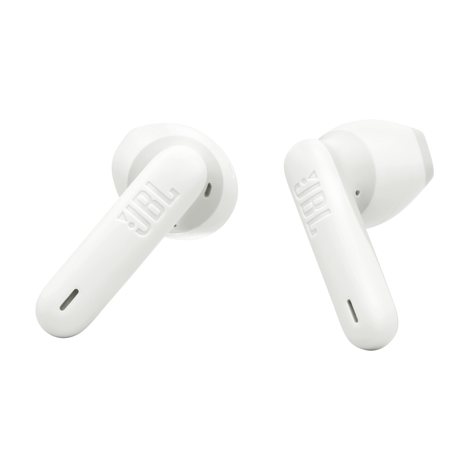 Beyaz bir arka plana karşı açılı duran, sapında JBL logosu bulunan bir çift beyaz JBL kablosuz kulaklık.