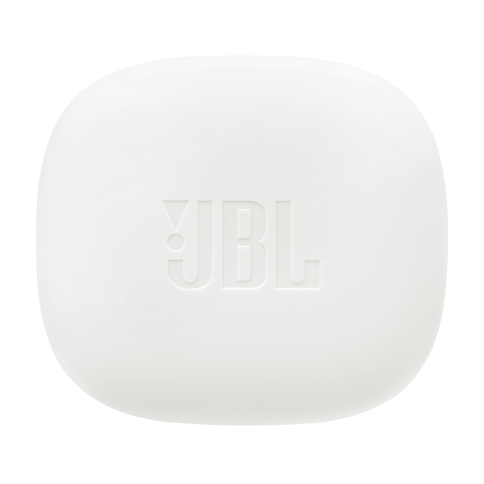 Siyah bir arka plan üzerinde, ortasında JBL logosu kabartmalı beyaz, yuvarlak dikdörtgen bir nesne.