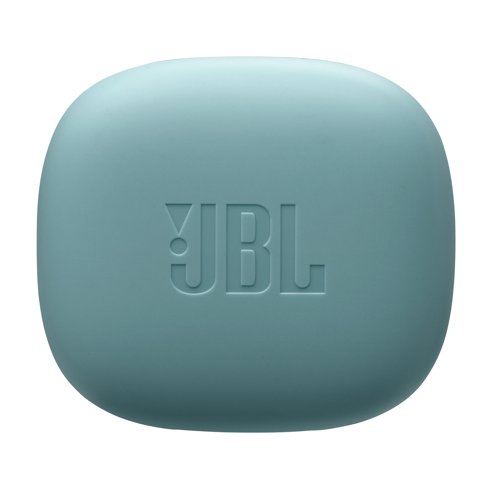 Kabartmalı logolu turkuaz JBL kulaklık kutusu, siyah arka plan üzerinde.