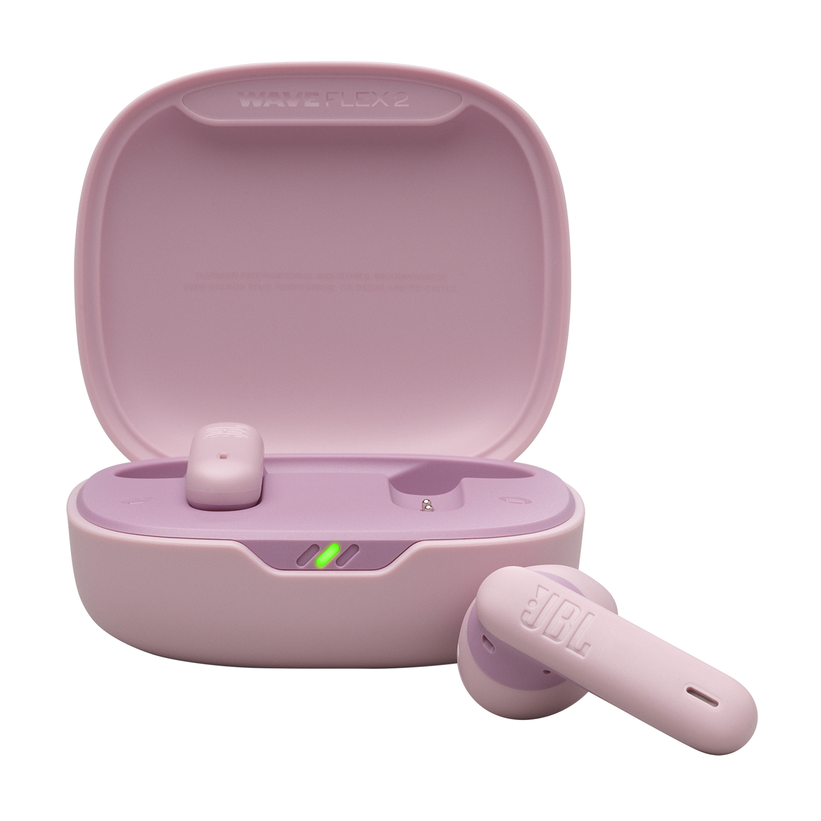 Pembe kablosuz kulaklık şarj kutusuyla, bir kulaklık çıkarılmış.