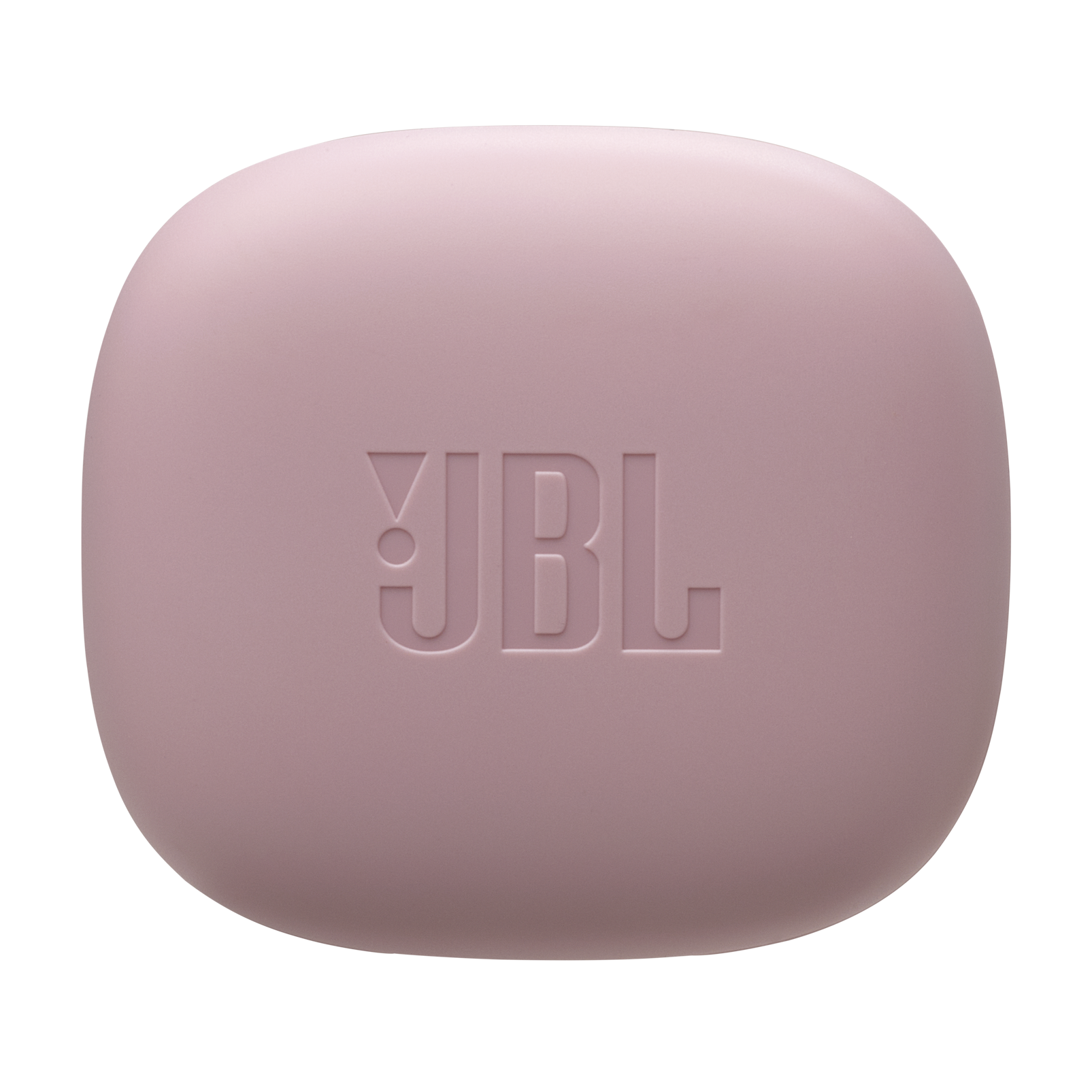Siyah arka plan üzerinde kabartmalı logolu pembe JBL kulaklık şarj kutusu.