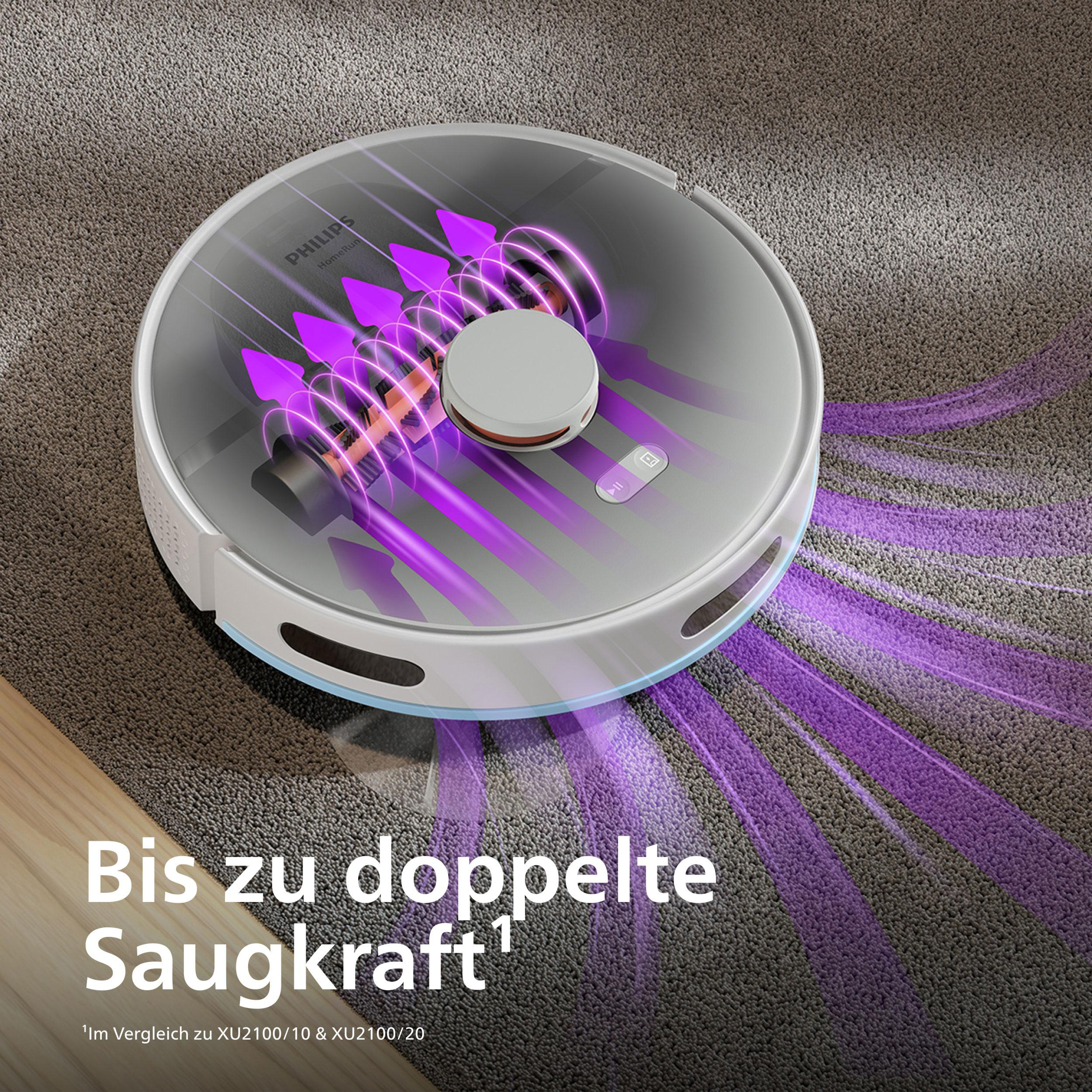 Ein Saugroboter auf Teppichboden mit visueller Darstellung der Saugkraft.