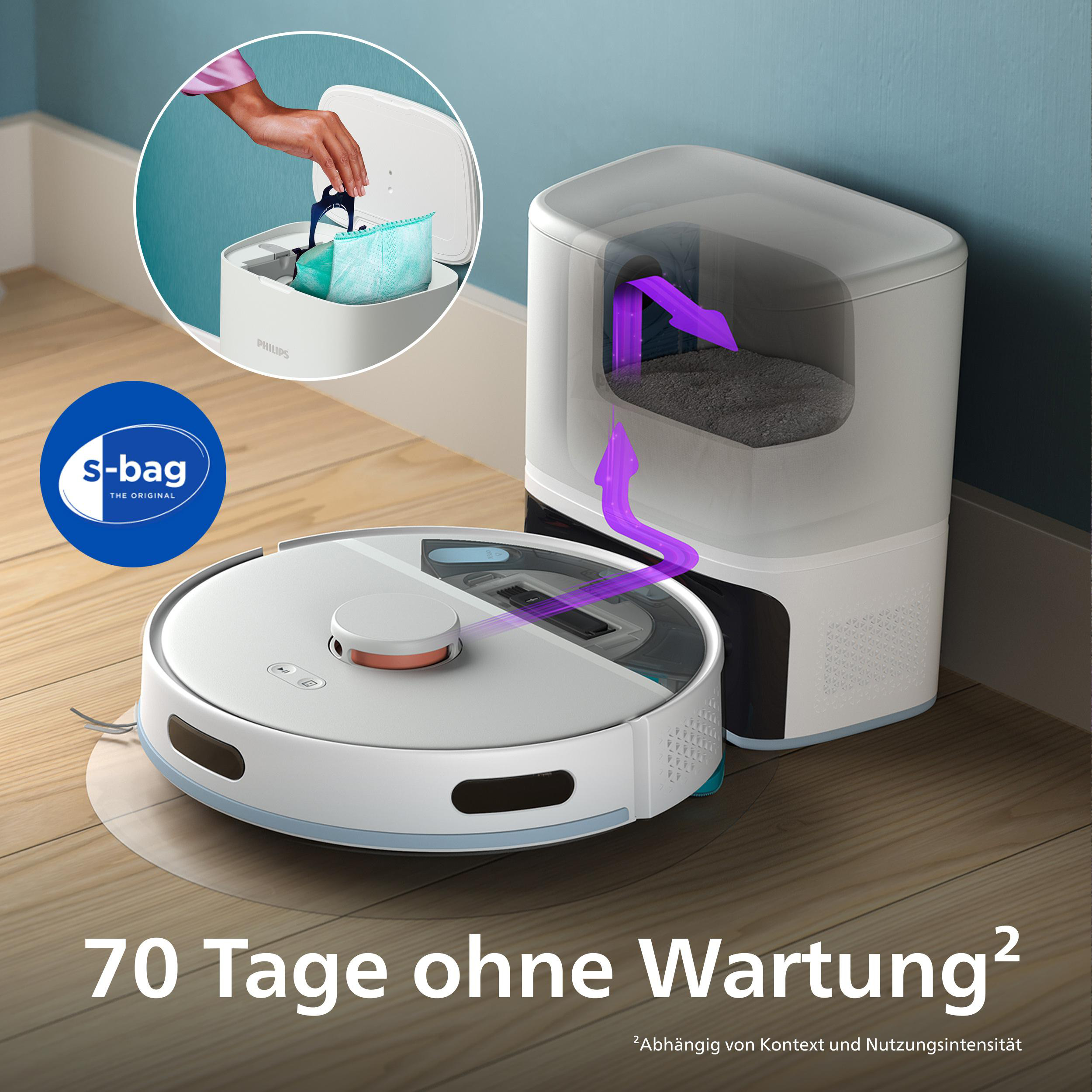 Ein Saugroboter mit Ladestation, die Staub sammelt. Ein Symbol zeigt '70 Tage ohne Wartung'.