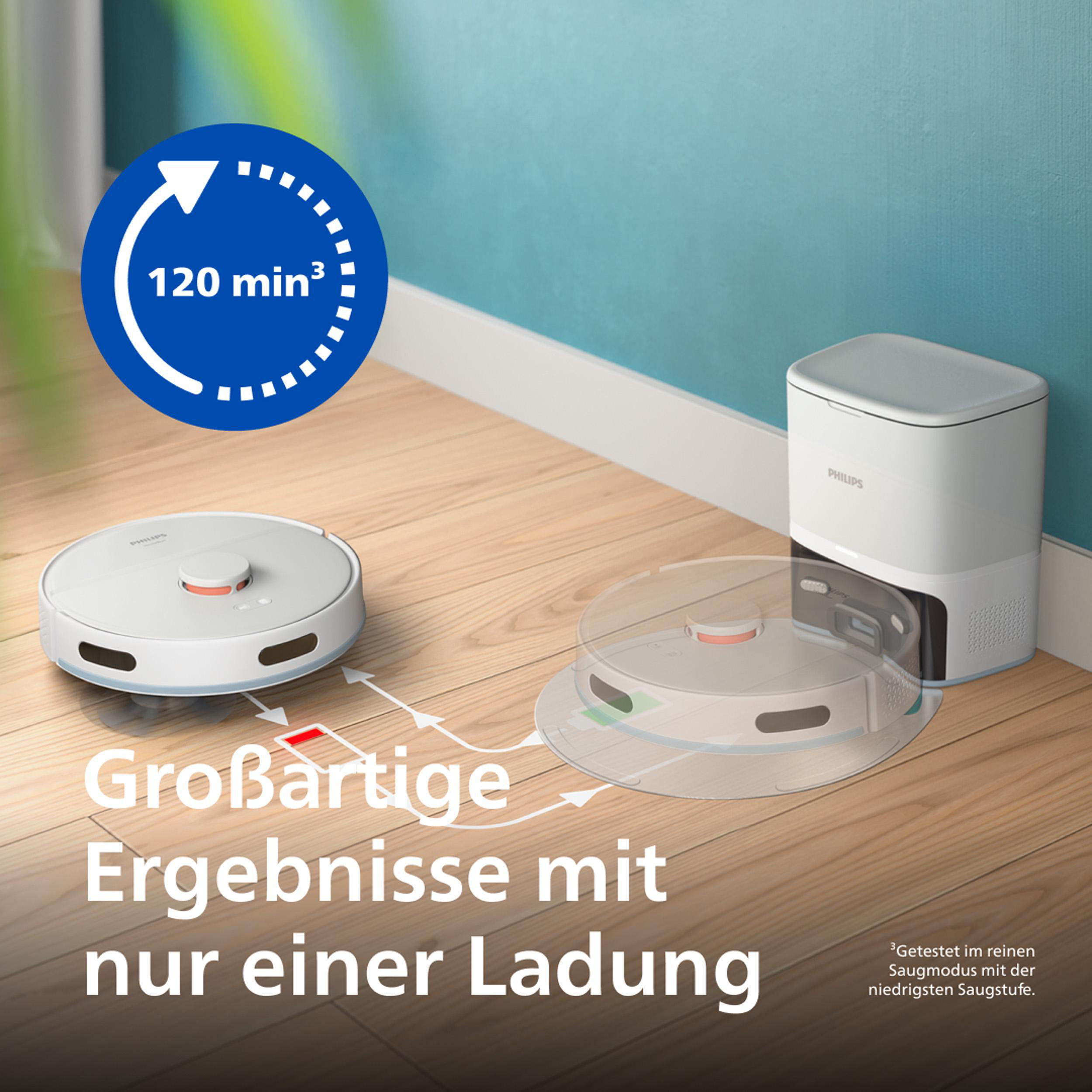 Ein weißer Saugroboter mit Ladestation und 120 Min. Akkulaufzeit.