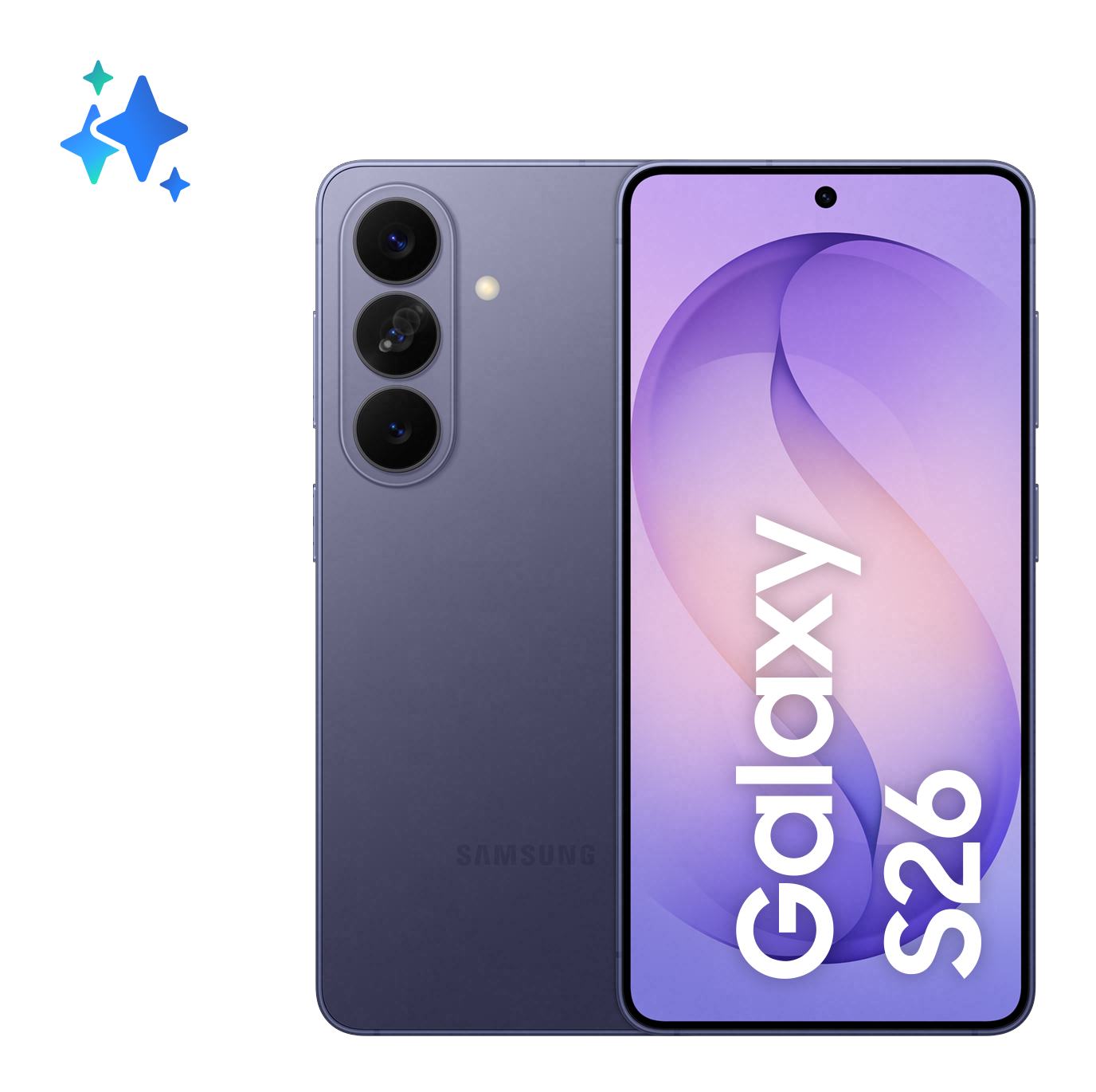 Fioletowy smartfon Samsung Galaxy S26 z trzema aparatami z tyłu.