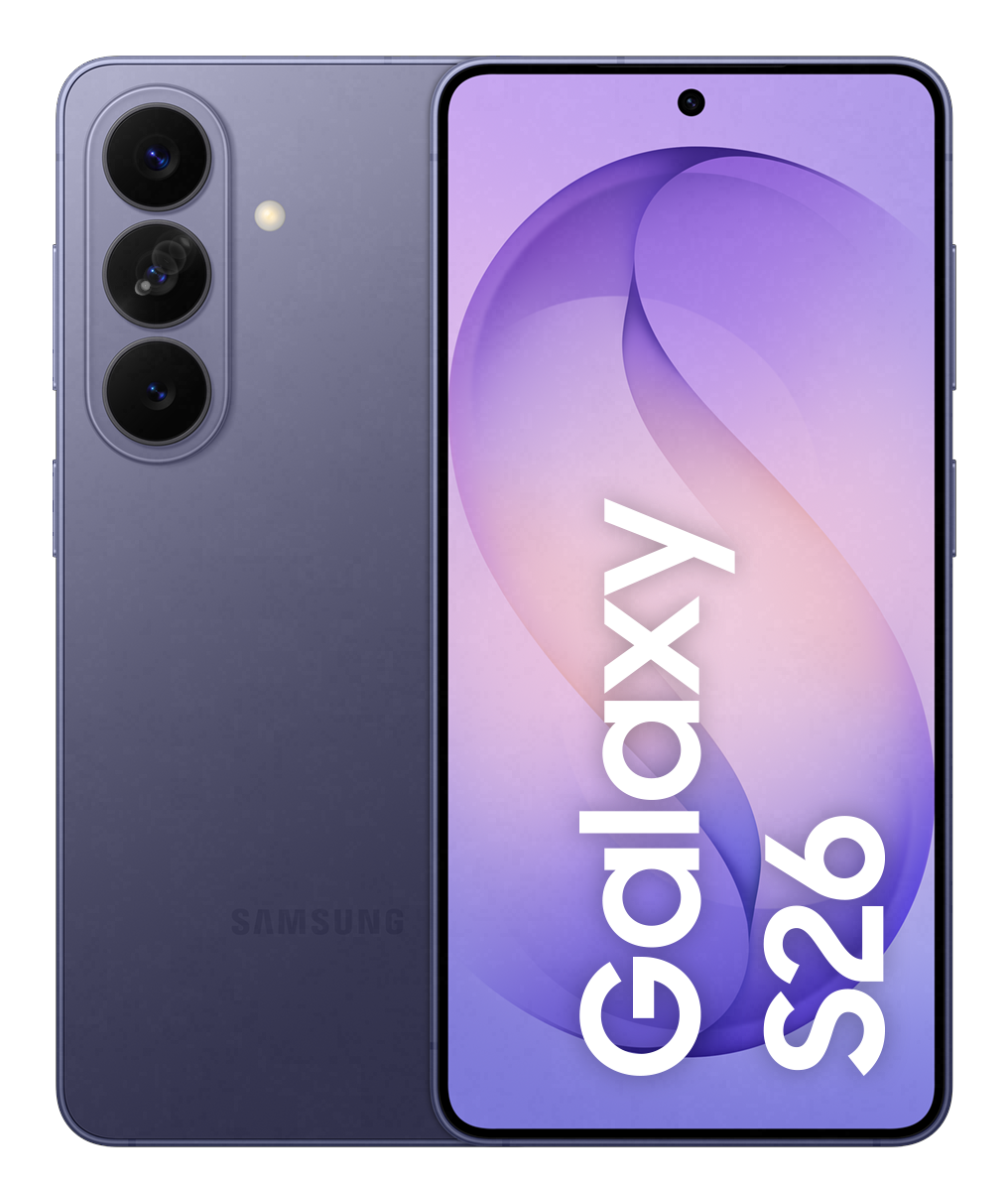 Fioletowy smartfon Samsung Galaxy S26 z trzema tylnymi aparatami.