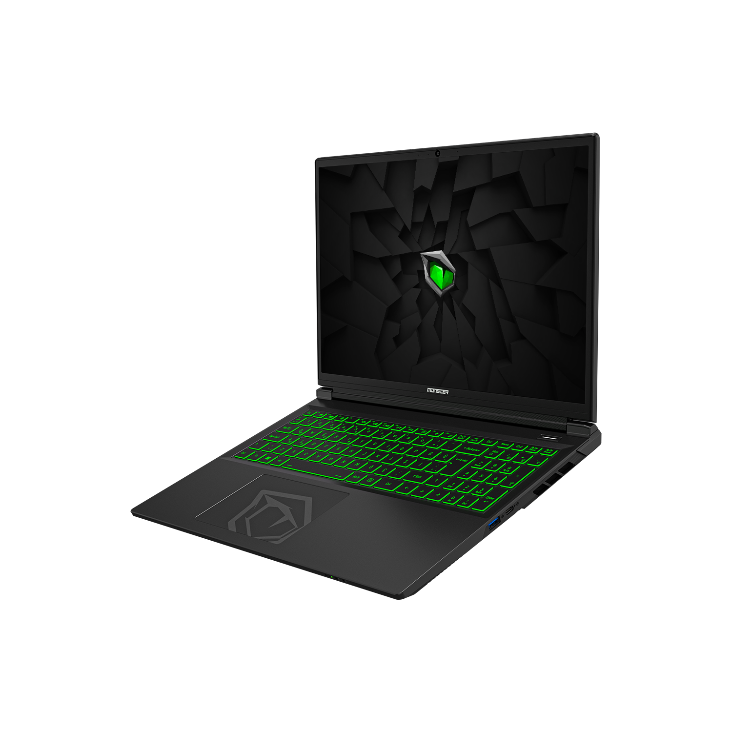 Yeşil aydınlatmalı klavyeli ve touchpad üzerinde logolu siyah dizüstü bilgisayar.