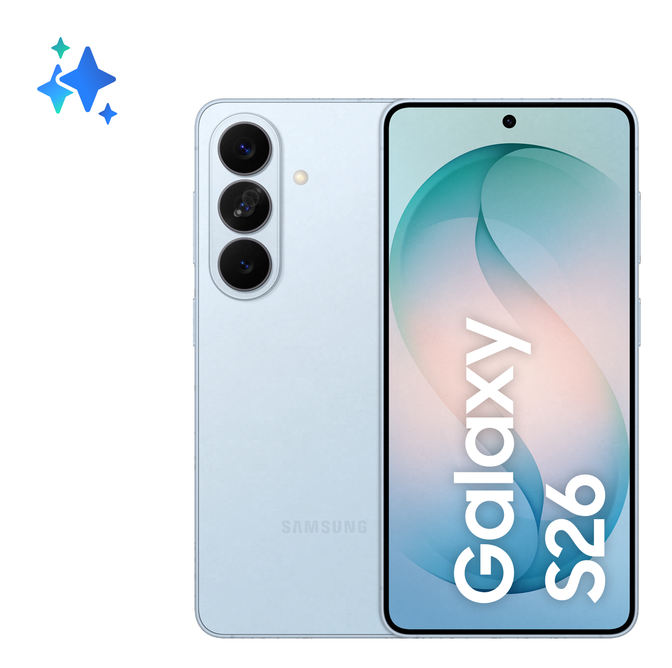 Jasnoniebieski telefon Samsung Galaxy S26 z trzema aparatami i niebieskim tłem.